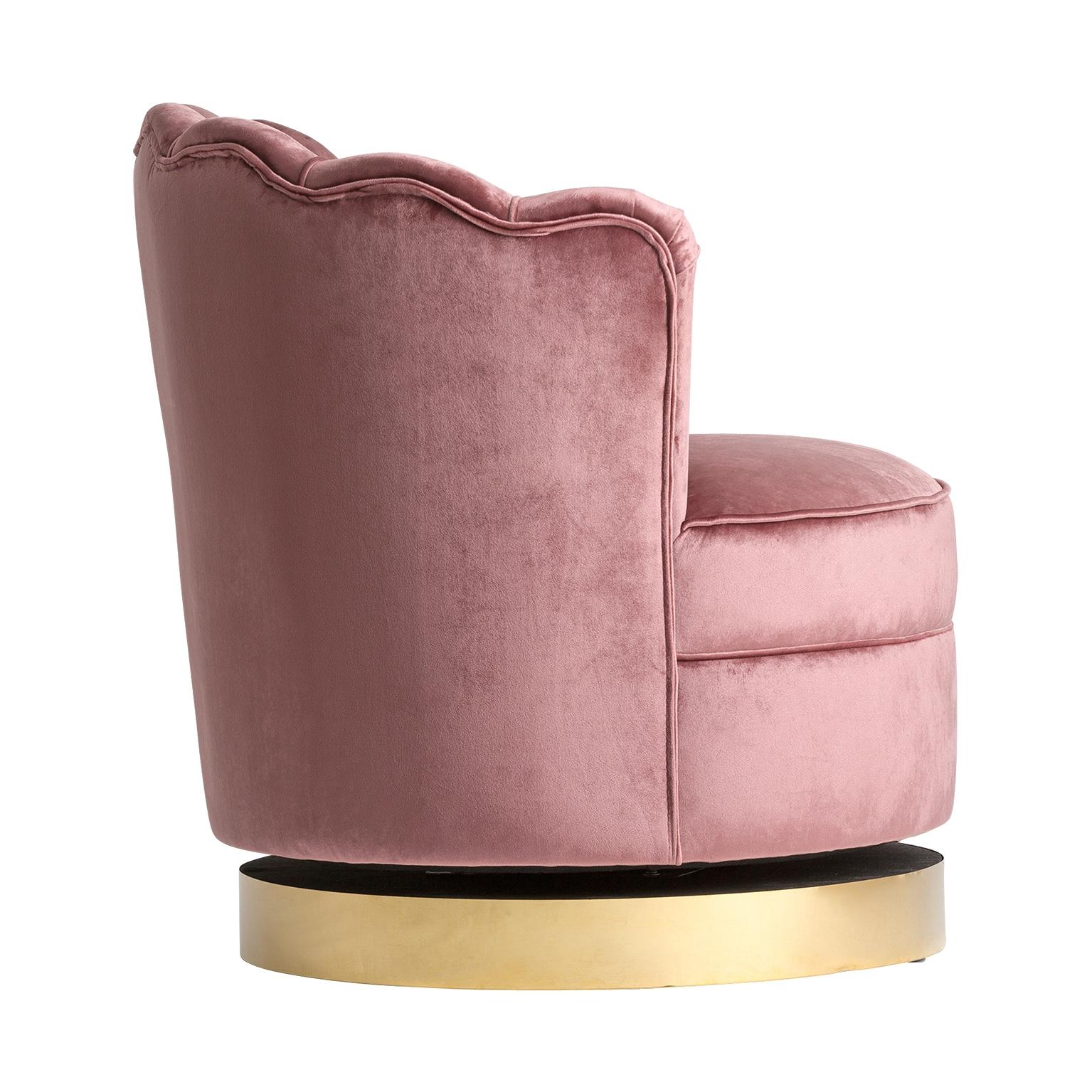 Contemporary Powdery Pink Velvet Swivel and Lounge Armchair Art Deco Style For Sale