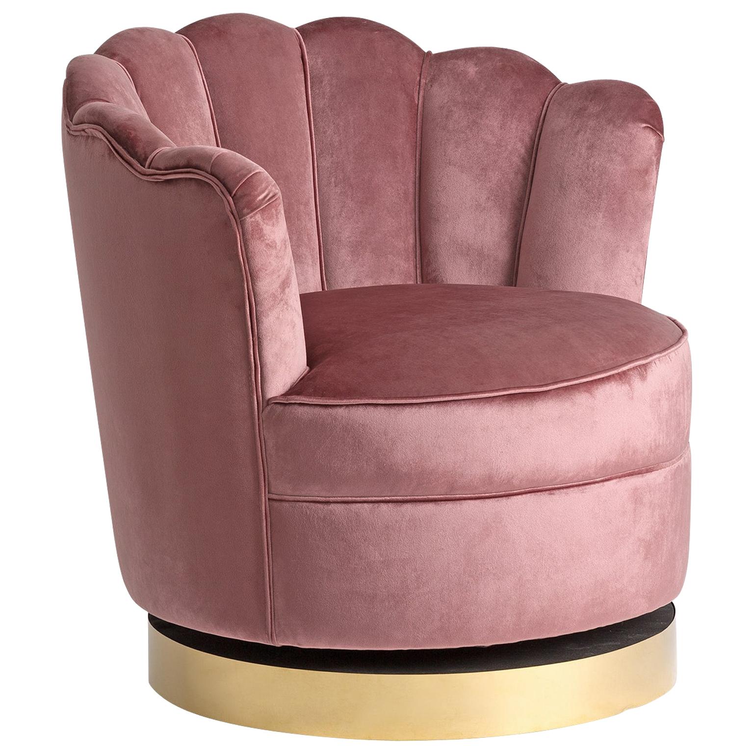 Powdery Pink Velvet Swivel and Lounge Armchair Art Deco Style For Sale
