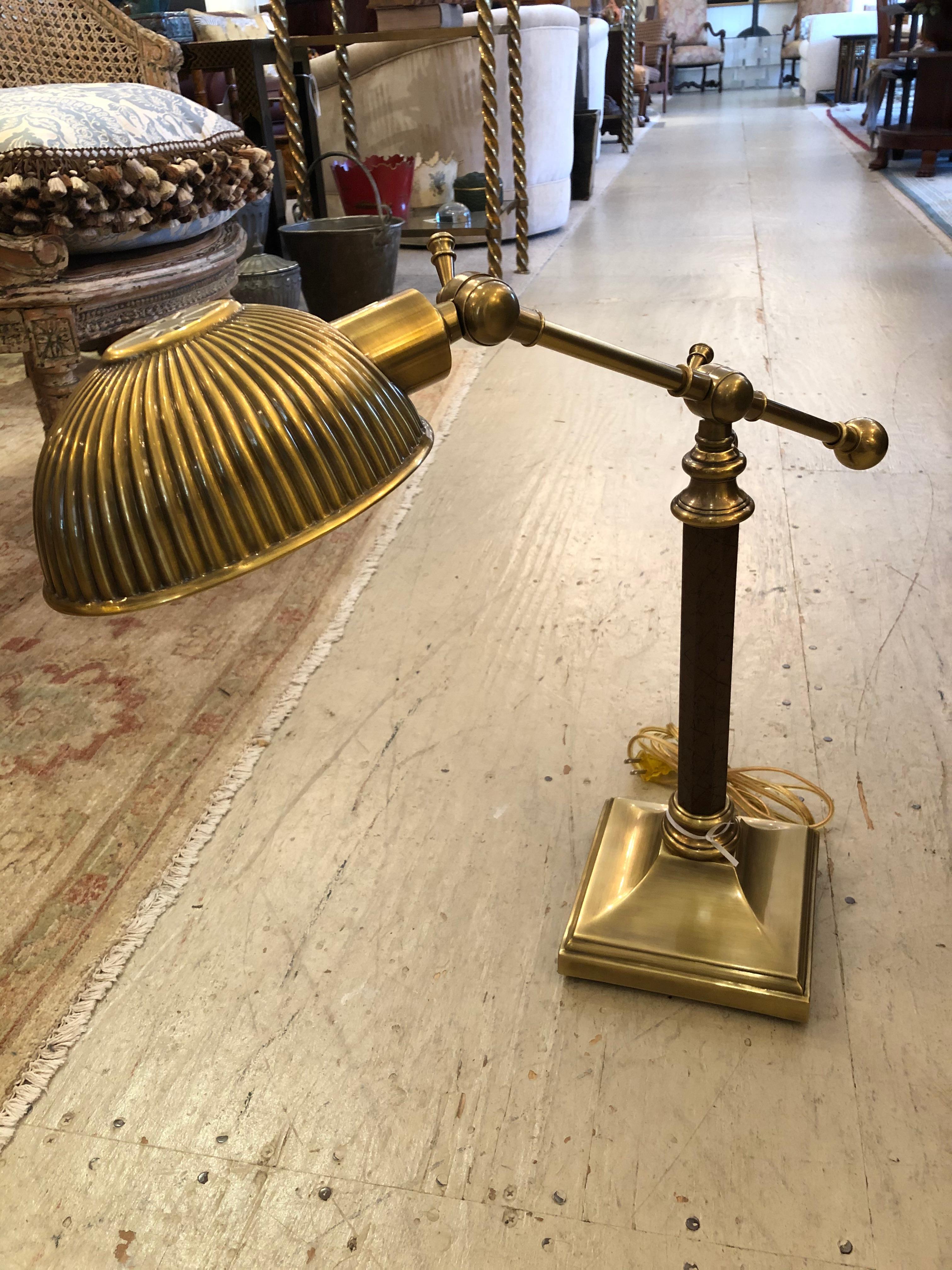 Late 20th Century Power Broker Antiqued Brass and Leather Desk Lamp