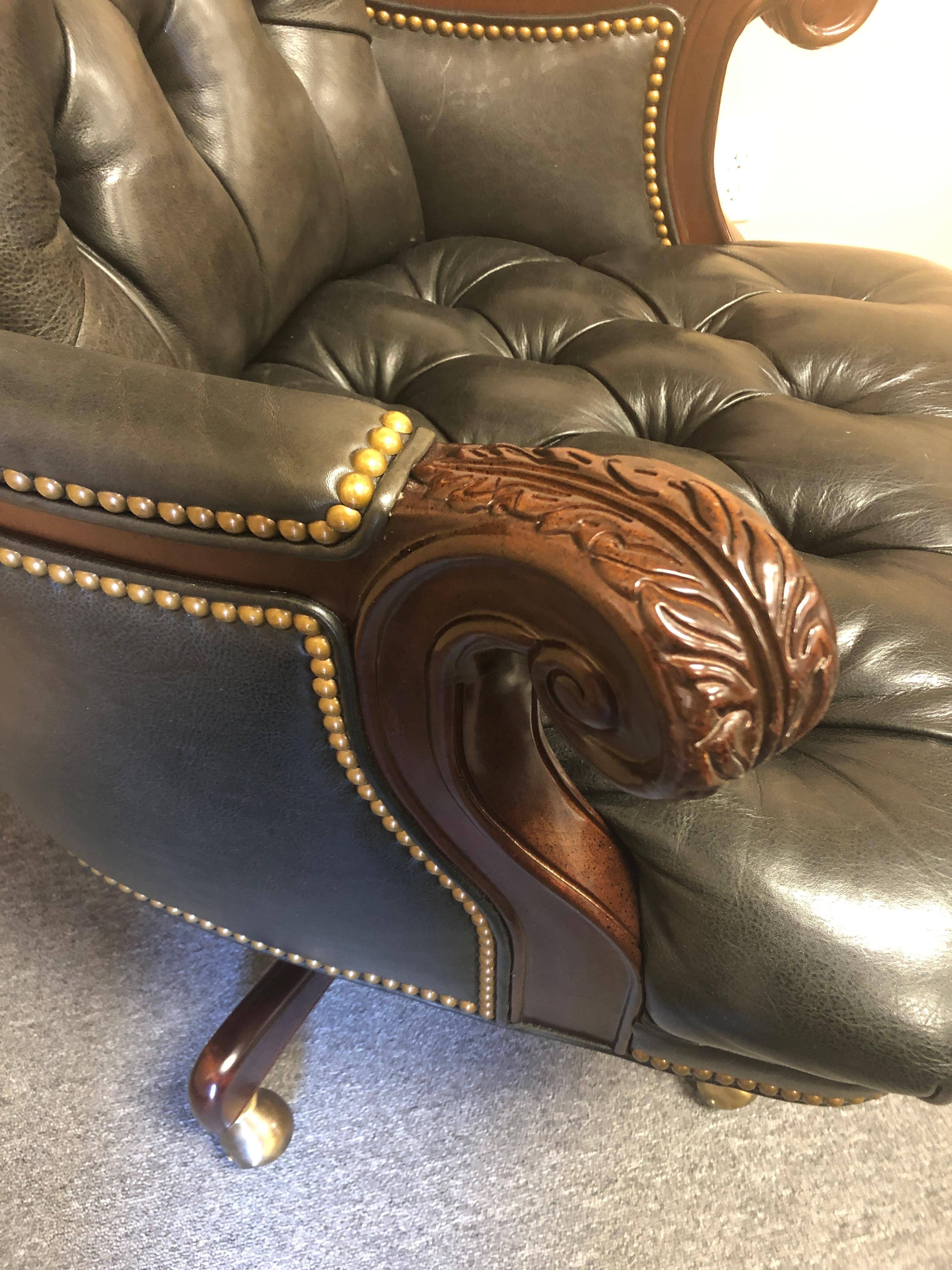 Power Broker Dark Charcoal Leather Tufted Desk Executive Chair In Excellent Condition In Hopewell, NJ