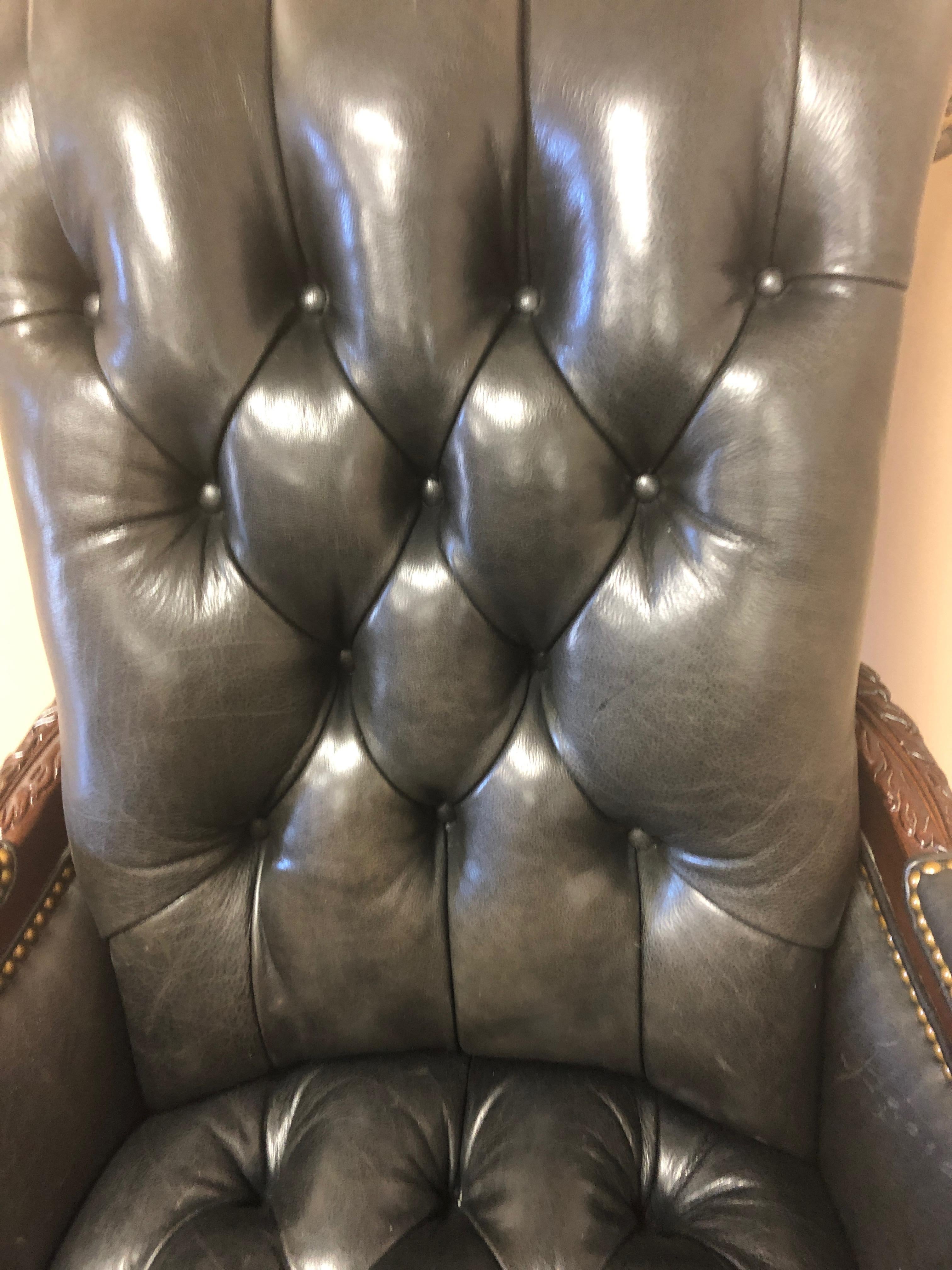 Late 20th Century Power Broker Dark Charcoal Leather Tufted Desk Executive Chair
