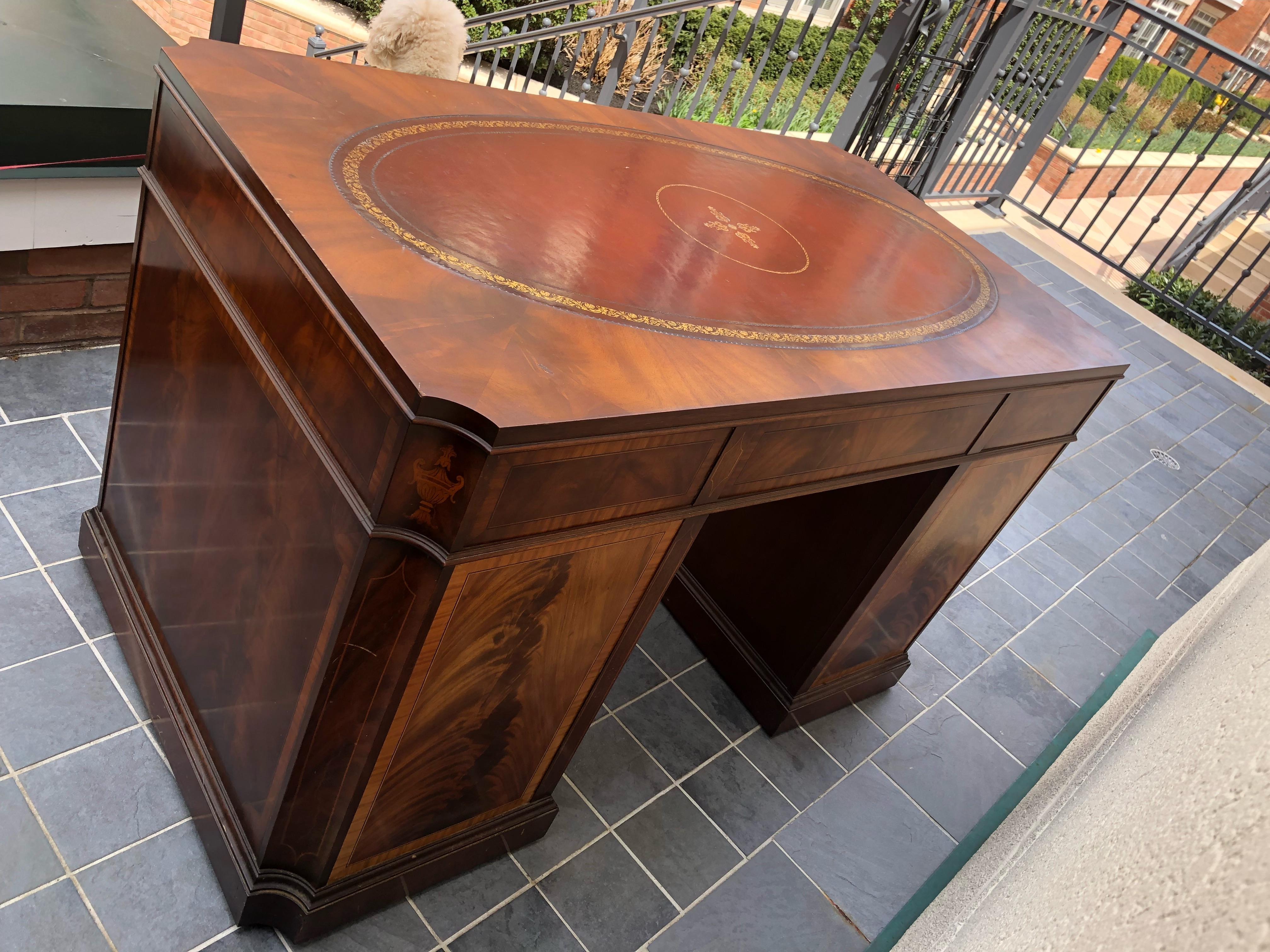 American Power Broker Impressive Large Flame Mahogany Partners Desk with Leather Oval Top For Sale