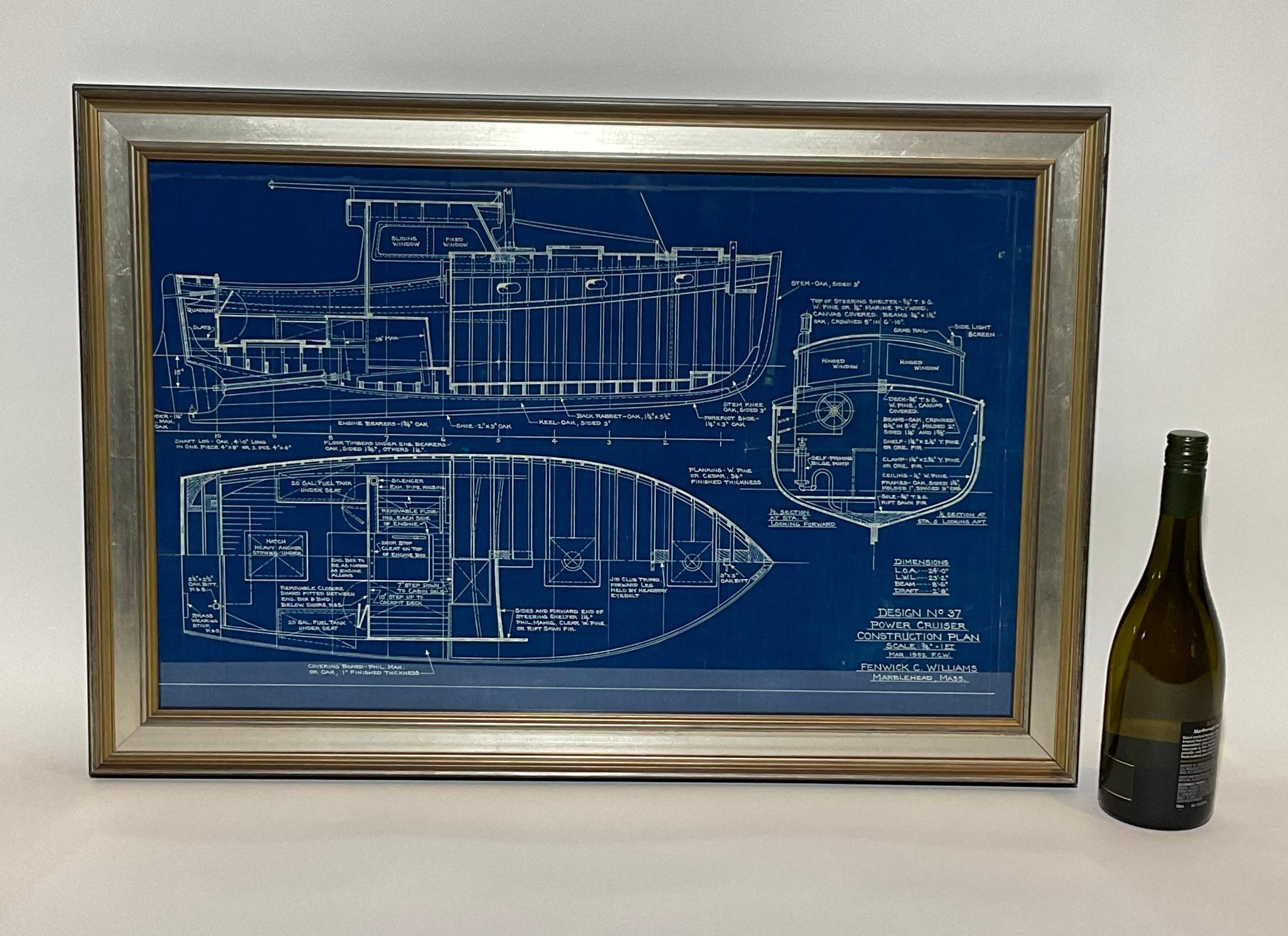 Yacht blueprint from the board of Fenwick C. Williams of Marblehead Mass. Dated March 1952. Length overall is twenty four feet. This is a highly detailed and interesting drawing. It shows hatches, hardware, windows, wheel, beams, planks,