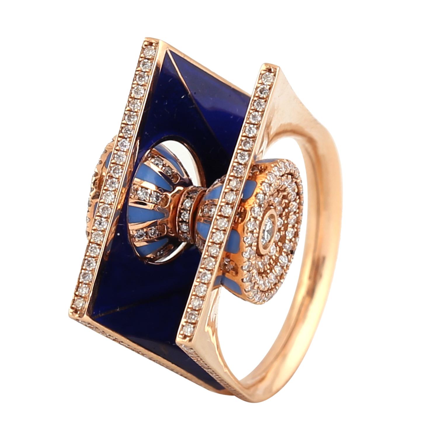Art Nouveau Power Drum Inside a Open Book Design Ring with Rose Gold, Ceramic and Diamonds For Sale