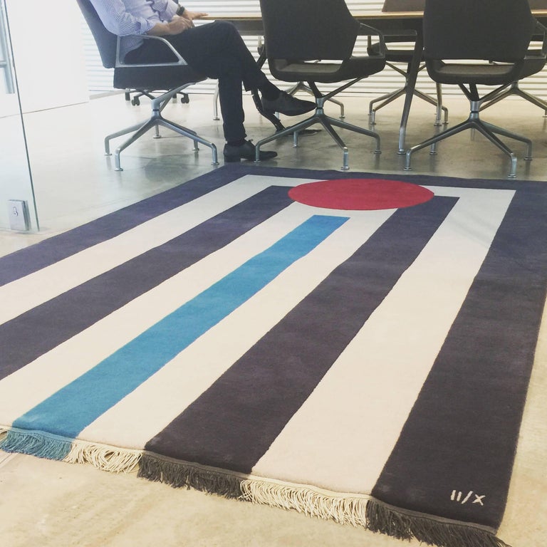 Cream Wool Rug w/ white blue grey stripes by Cecilia Setterdahl for