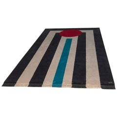 Rug  Modern Geometric Cream Wool with Red Circle White Blue Grey Stripes carpet