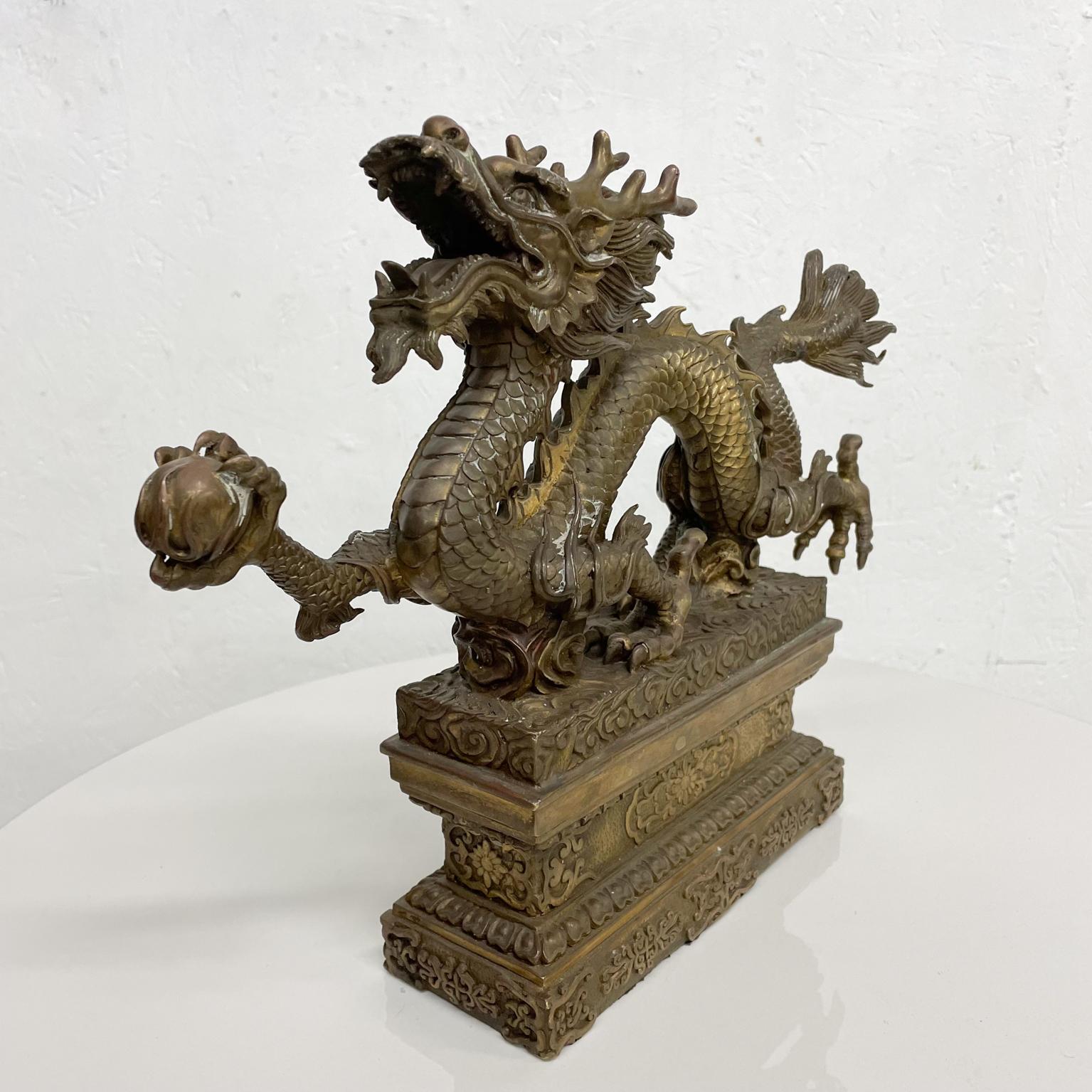 19th Century Powerful Chinese Feng Shui Dragon with Ball Bronze Sculpture Ornate Relief
