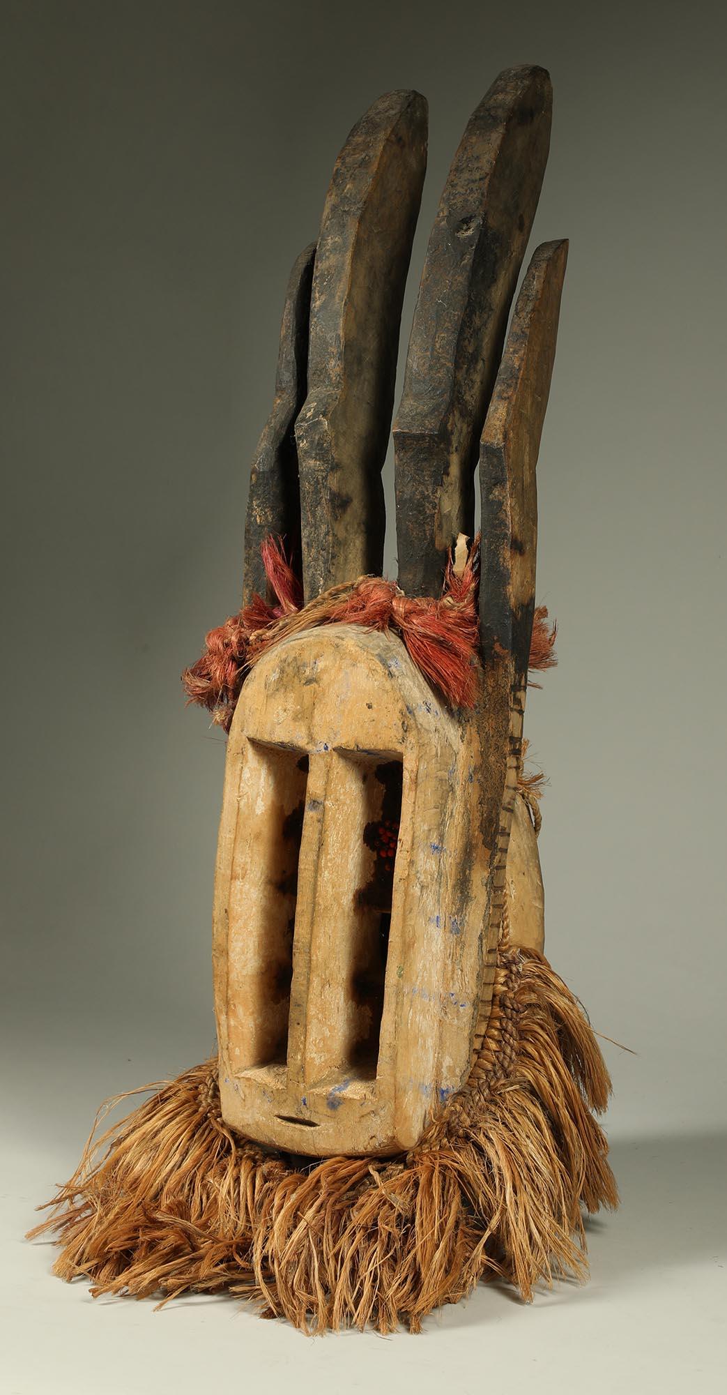 Malian Powerful Cubist Dogon Antelope Mask Raffia Mali West Africa Tall Vertical Eyes For Sale
