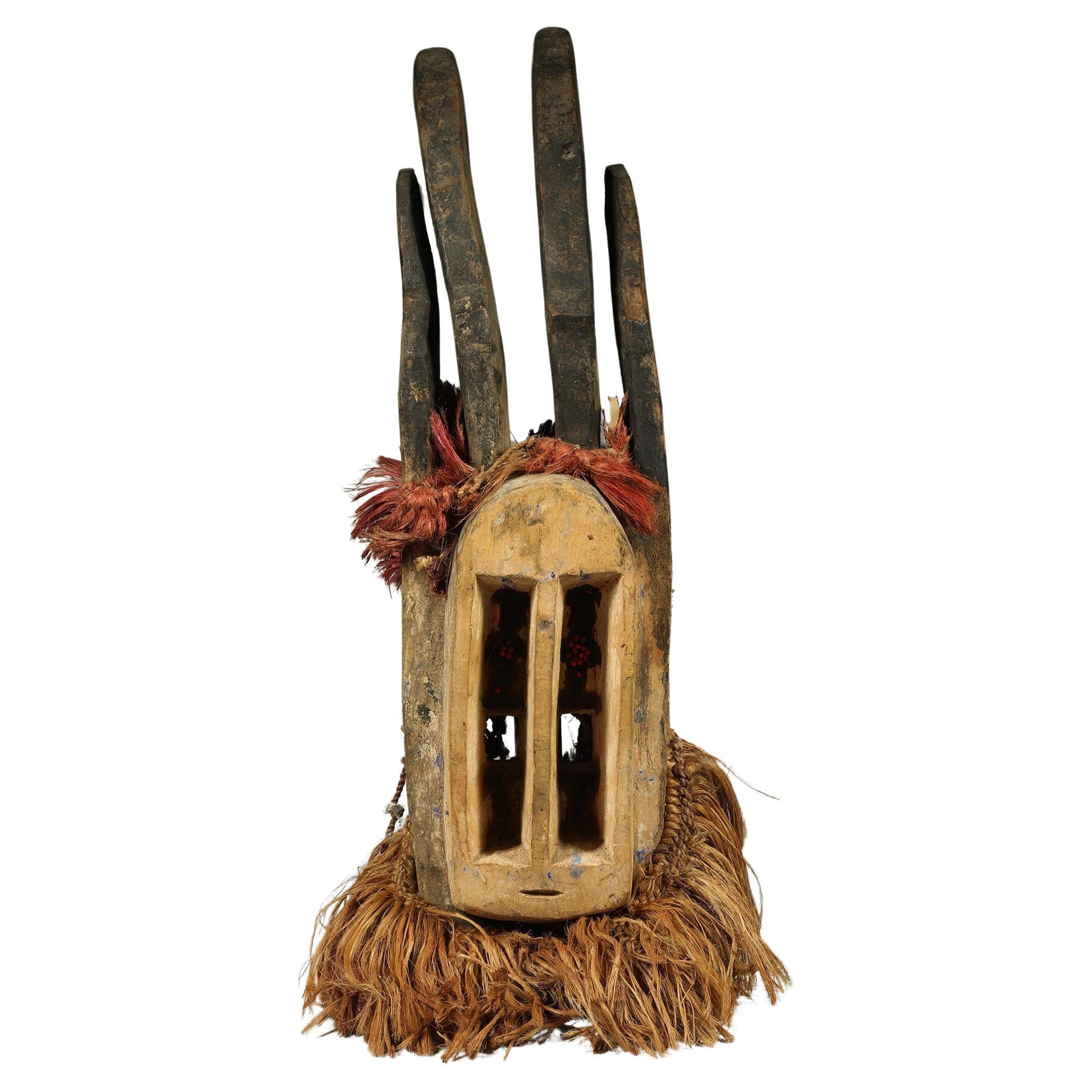 Powerful Cubist Dogon Antelope Mask Raffia Mali West Africa Tall Vertical Eyes For Sale