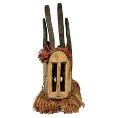 Vintage Powerful Cubist Dogon Antelope Mask Raffia Mali West Africa Tall Vertical Eyes