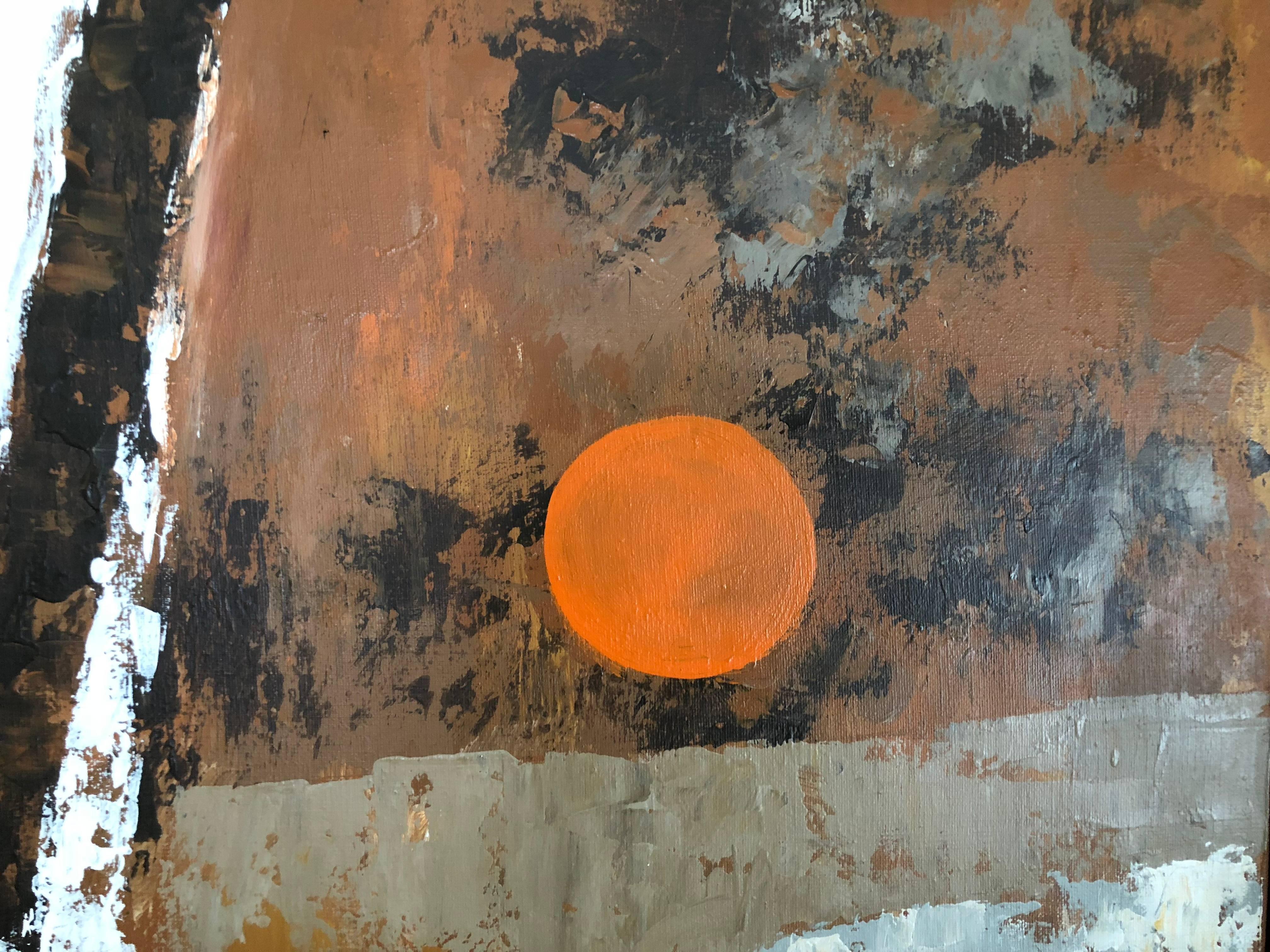 This oil painting features an orange circle as the focal point surrounded by structural lines and grids rendered in expressive white and browns strokes. The piece is signed in the lower left corner, 