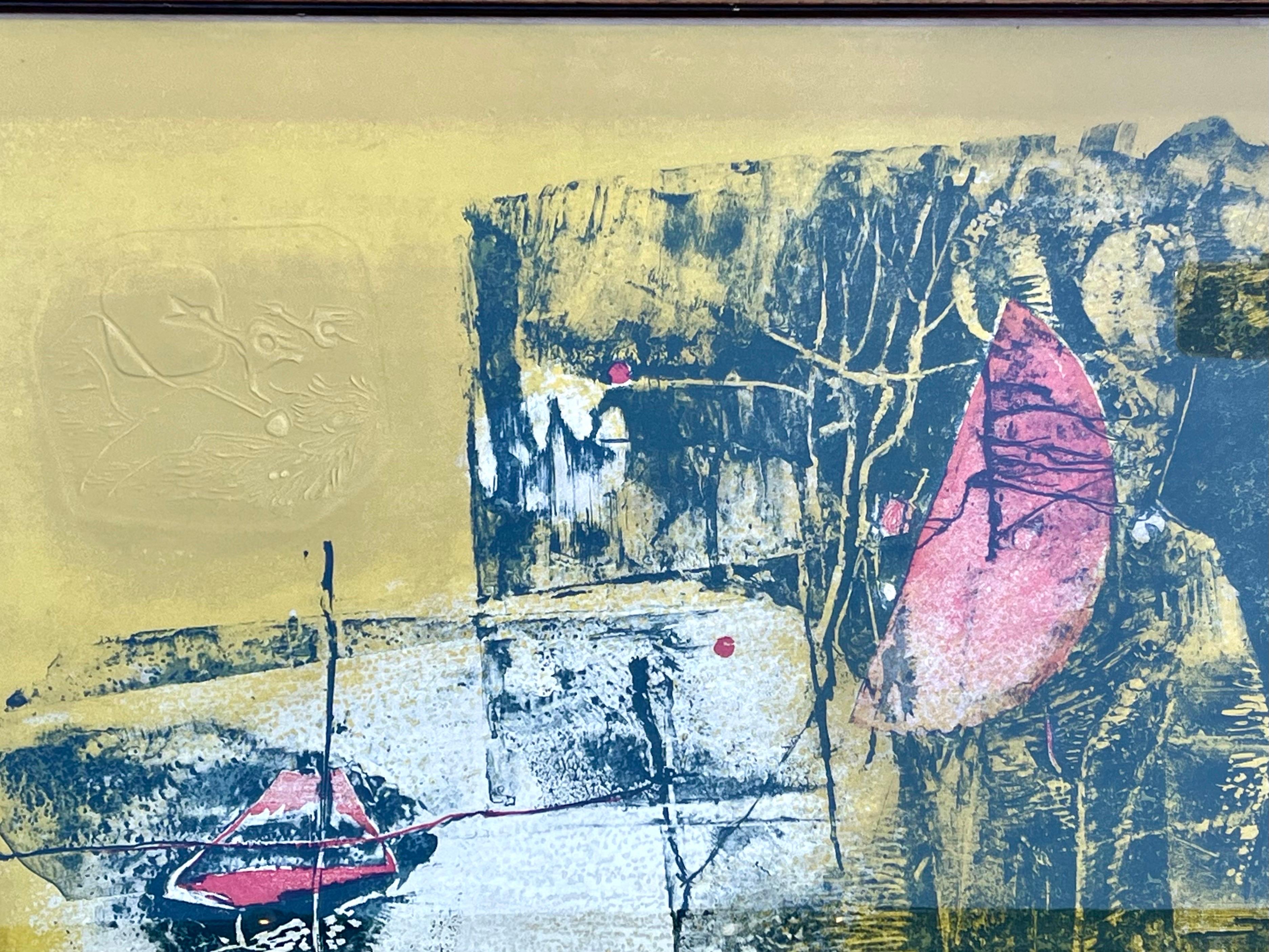 A mid 20th century lithograph print by Vietnamese / French artist Hoi Lebadang (1921 - 2015) signed and numbered. The colors employed, shades of red, white and charcoal set against a golden yellow, signify warmth and richness. The abstract