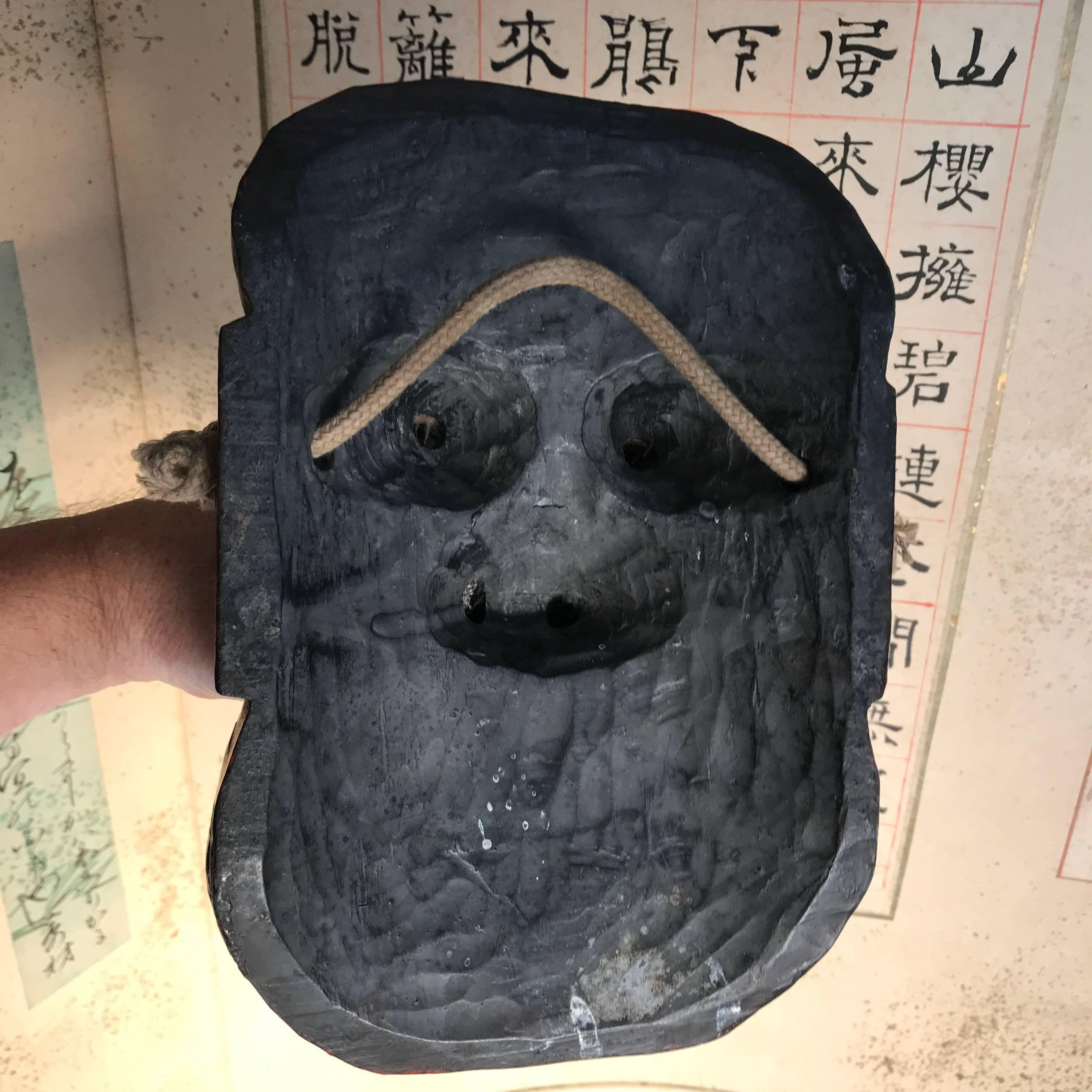 Wood Powerful Japanese Antique Old Forest God Mask Tengu Dramatic Nose, 19th Century