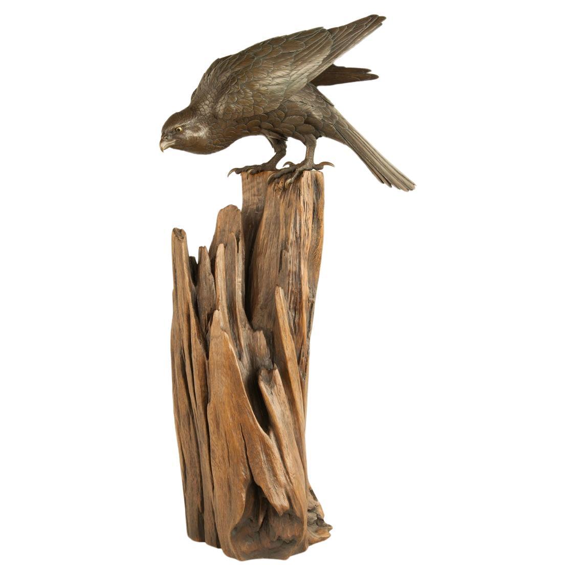 Powerful Japanese Bronze Hawk Okimono by Sano Takachika