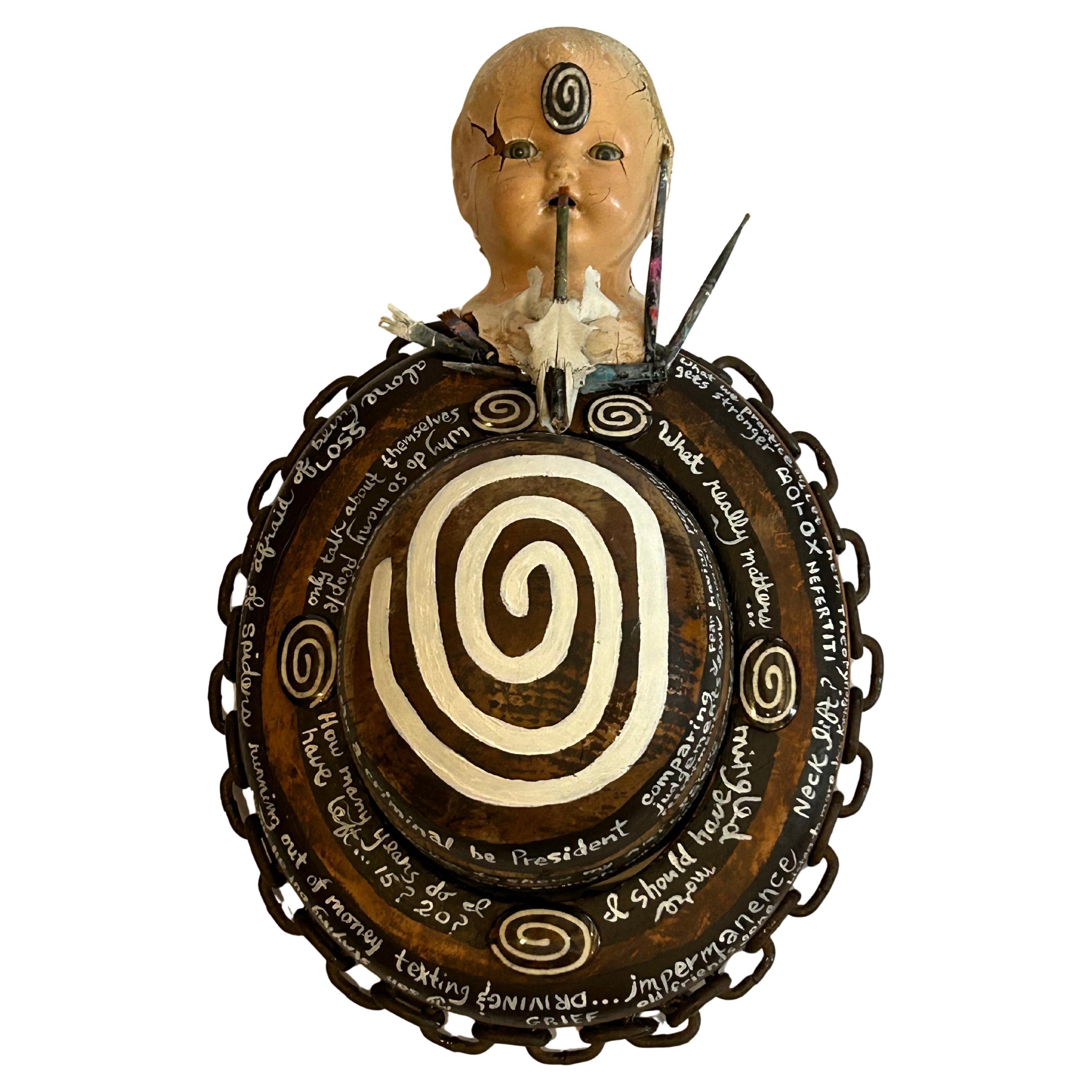 Powerful Mixed Media Wall Sculpture Titled Spiraling on Antique Bowler Hat Form For Sale