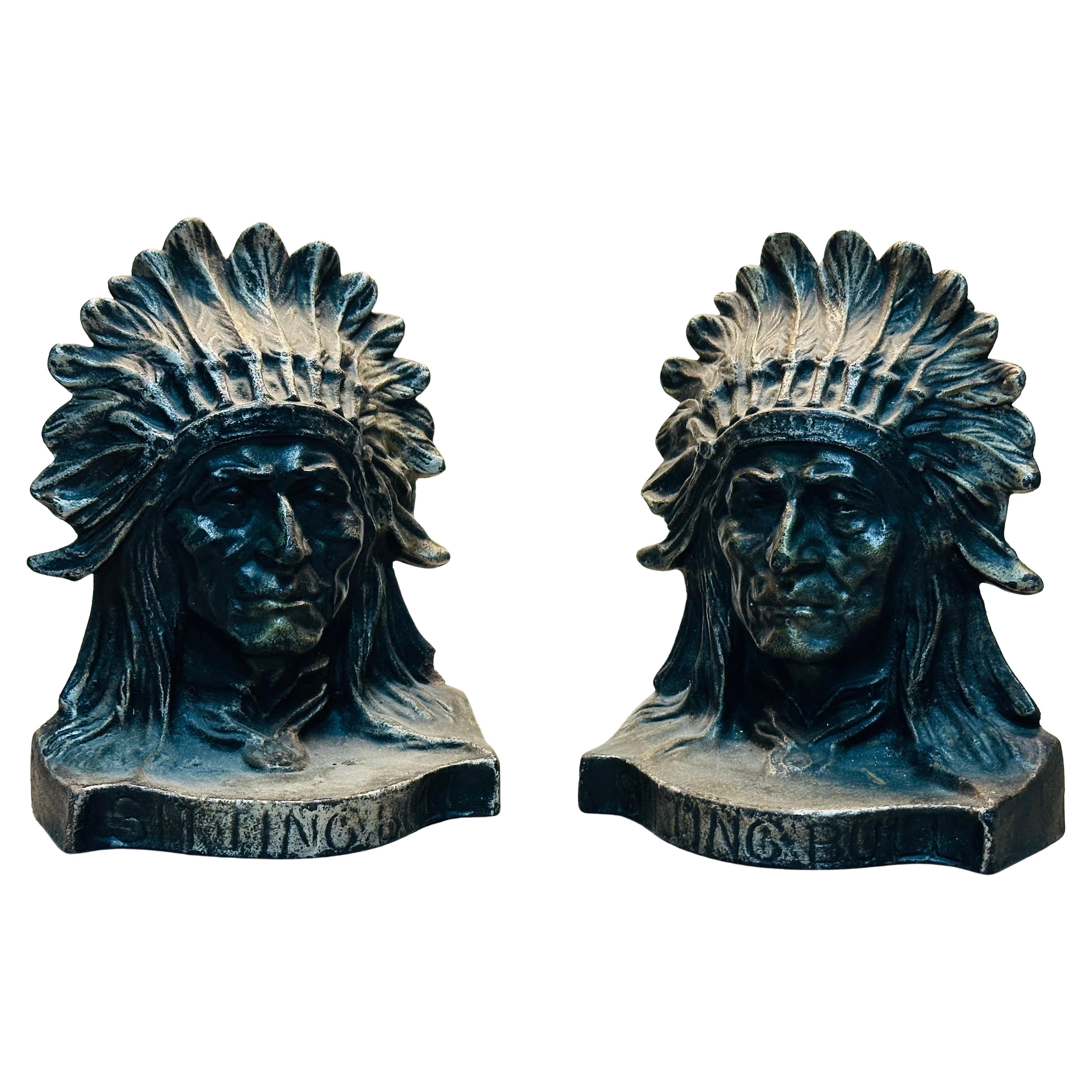 Powerful Pair of Cast Iron Sitting Bull Bookends, Attributed to Griffoul Foundry For Sale