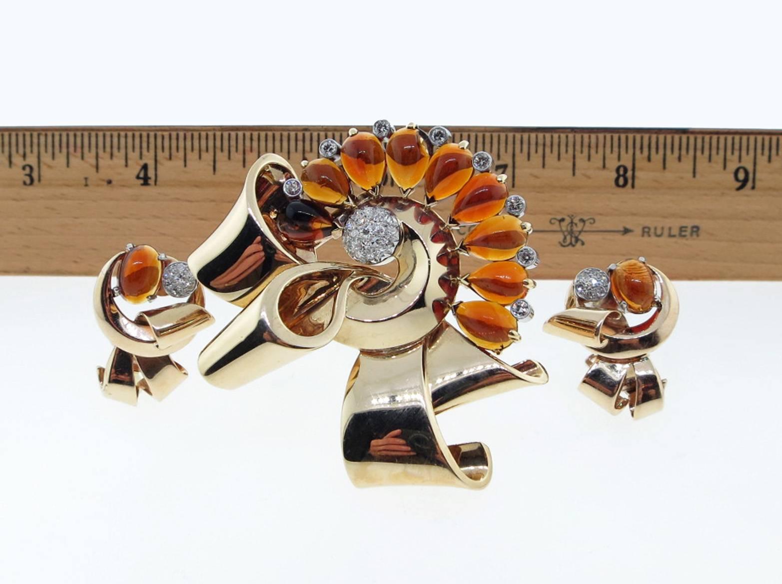 Round Cut Powerful Retro Citrine and Diamond Brooch and Earring Set