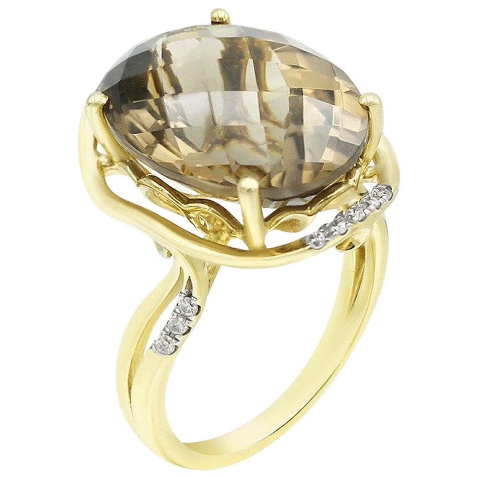 Ring aus Gelbgold mit leuchtendem sandfarbenem Natkina-Quarz und weißem Diamant