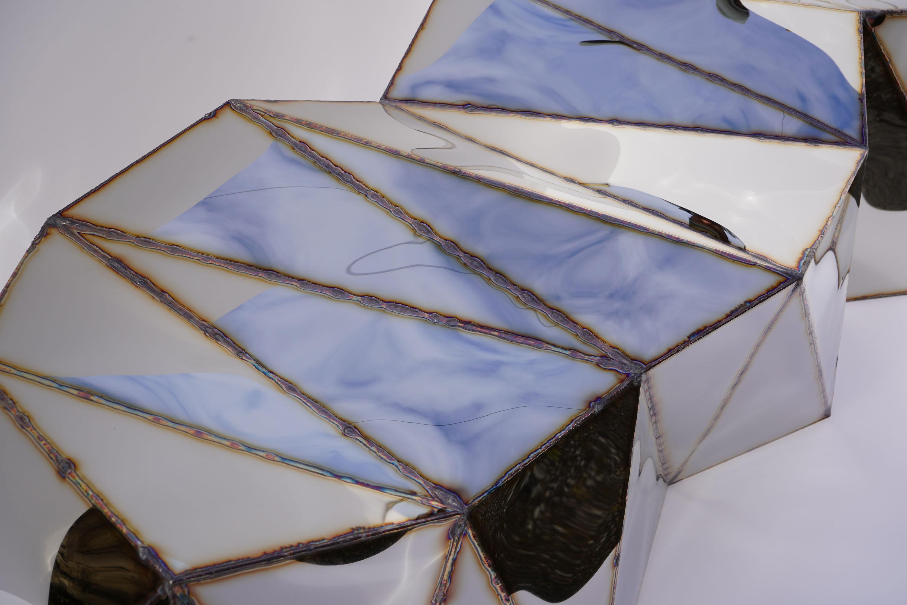 Post-Modern Powerlines Bench in Welded Mirror-Polished Stainless Steel by Julian Mayor For Sale