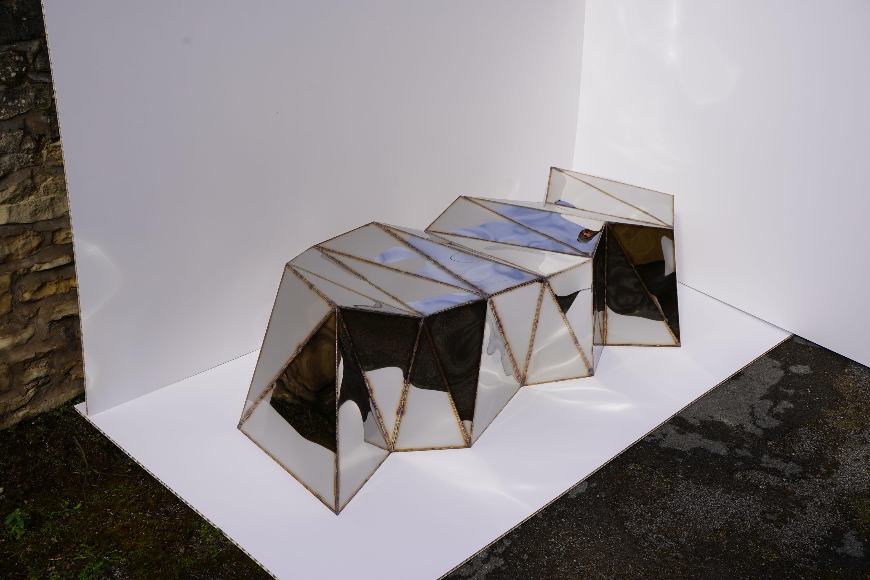Powder-Coated Powerlines Bench in Welded Mirror-Polished Stainless Steel by Julian Mayor For Sale