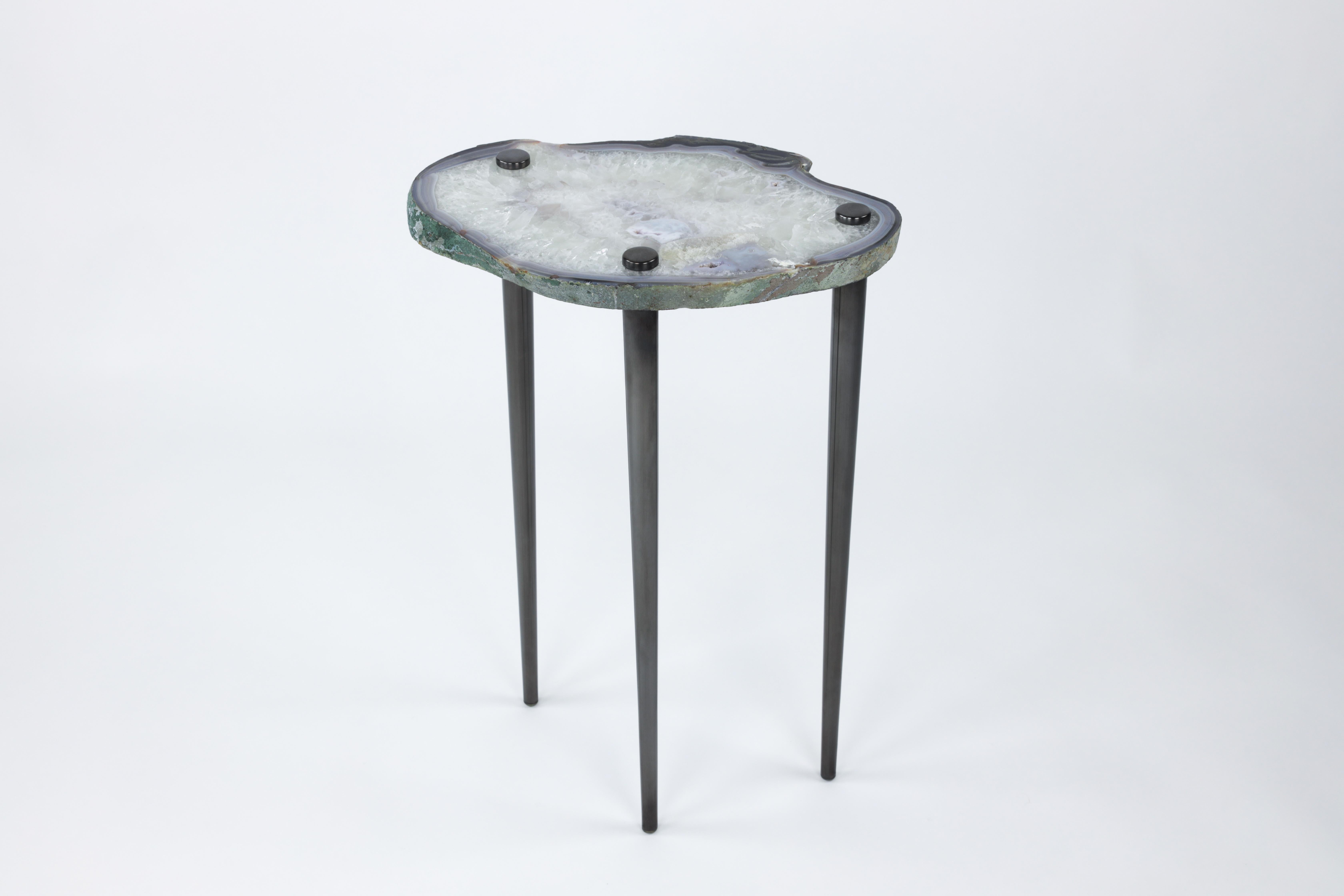 Patinated Pair of Powers of 10 Tables w/ solid brass legs by Christopher Kreiling