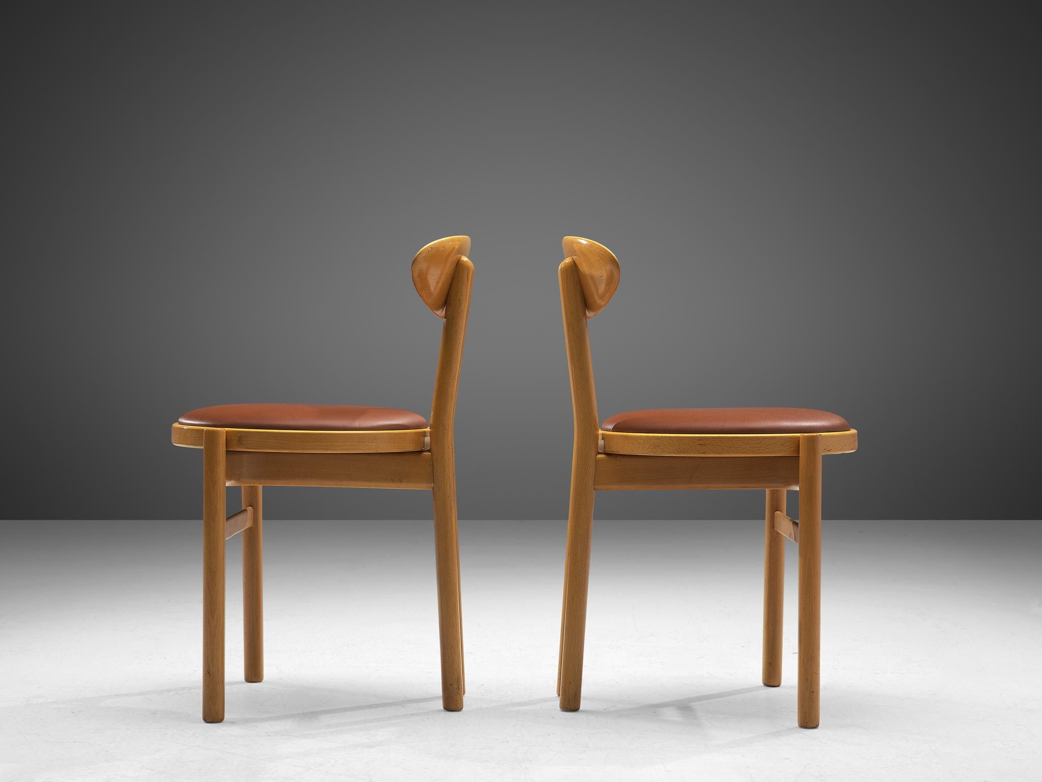 Pozzi Italian Set of Six Dining Chairs in Stained Wood and Brown Upholstery 4