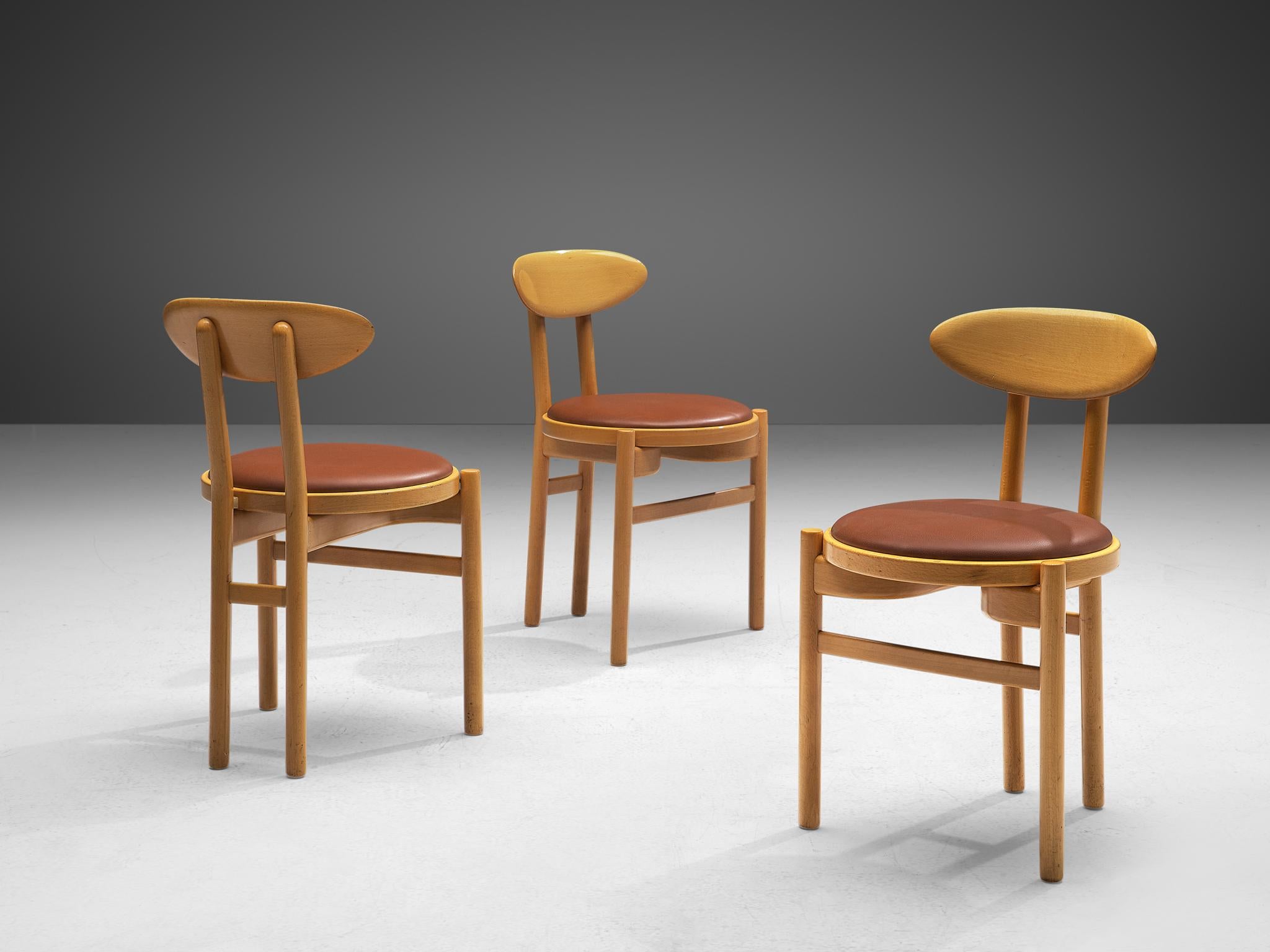Pozzi Italian Set of Six Dining Chairs in Stained Wood and Brown Upholstery 5