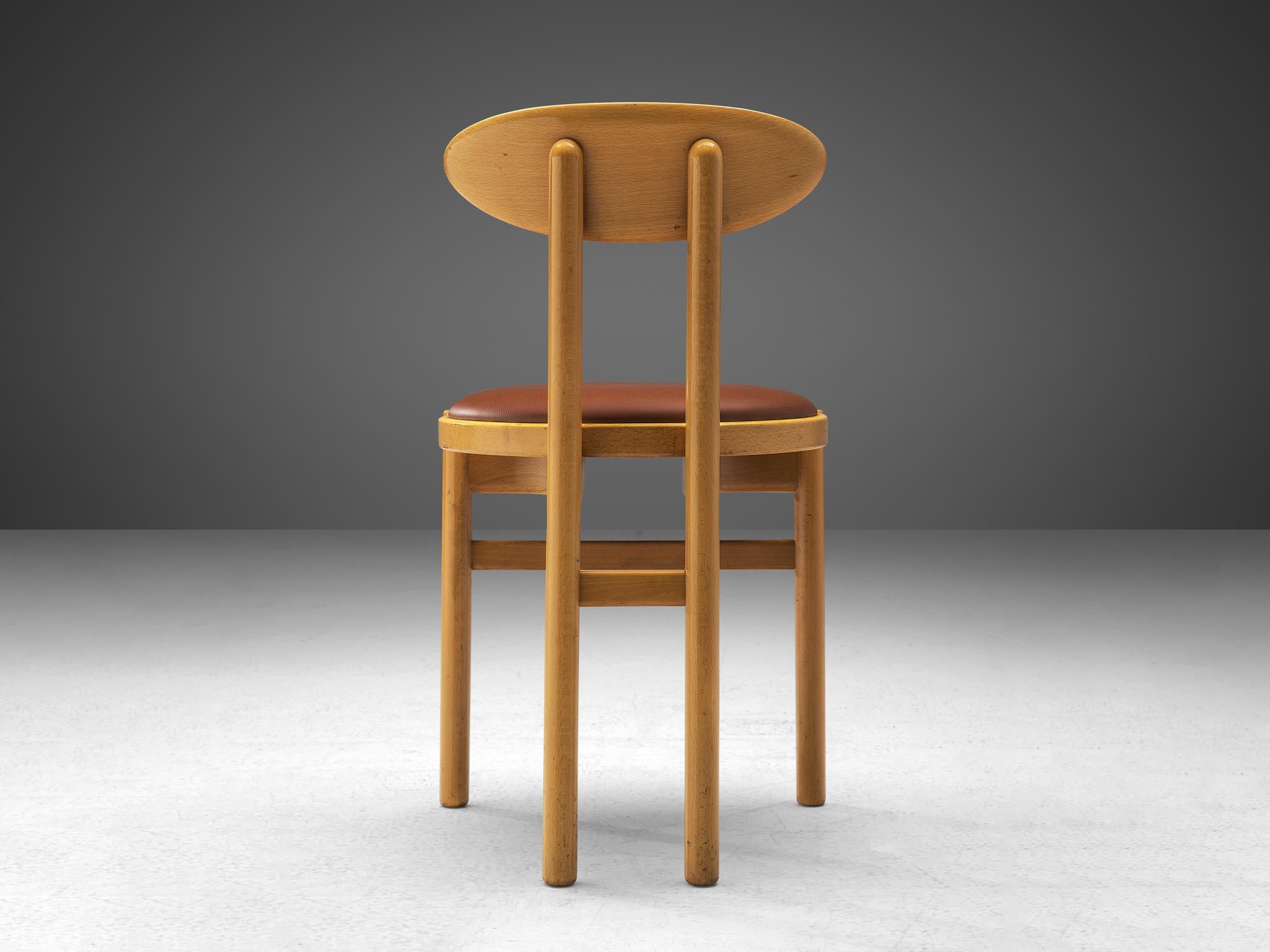 Faux Leather Pozzi Italian Set of Six Dining Chairs in Stained Wood and Brown Upholstery
