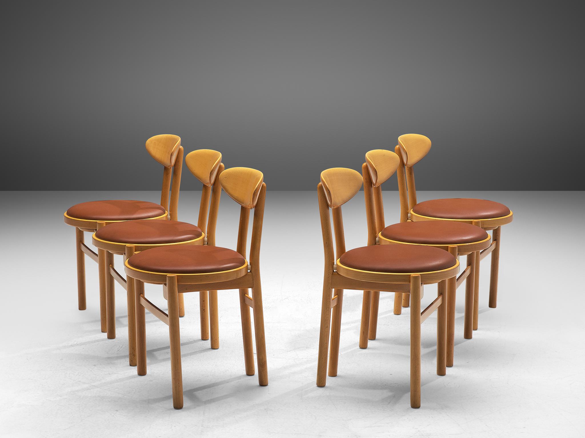 Mid-Century Modern Pozzi Italian Set of Six Dining Chairs in Stained Wood and Brown Upholstery