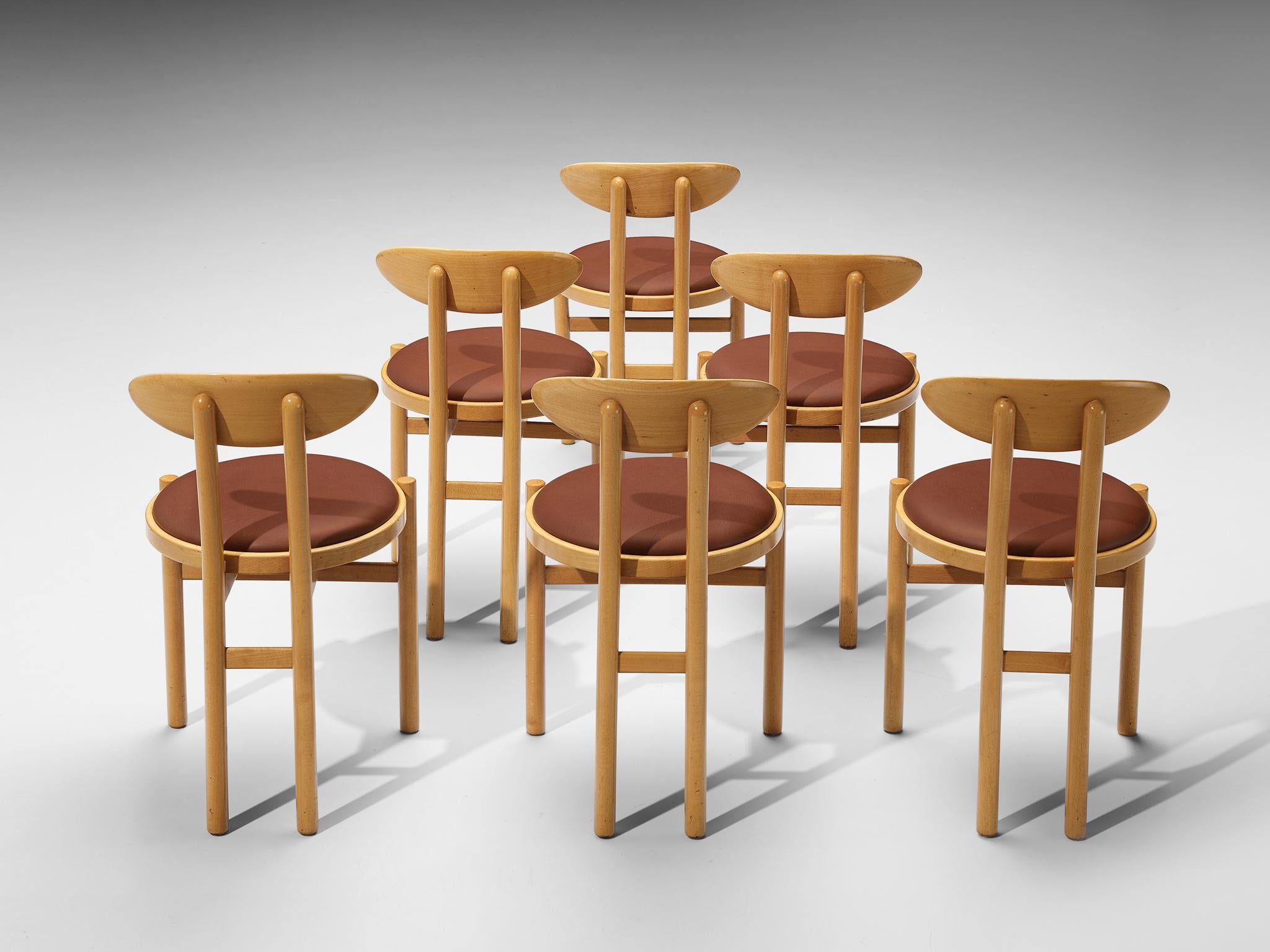 Pozzi Italian Set of Six Dining Chairs in Stained Wood and Brown Upholstery 3