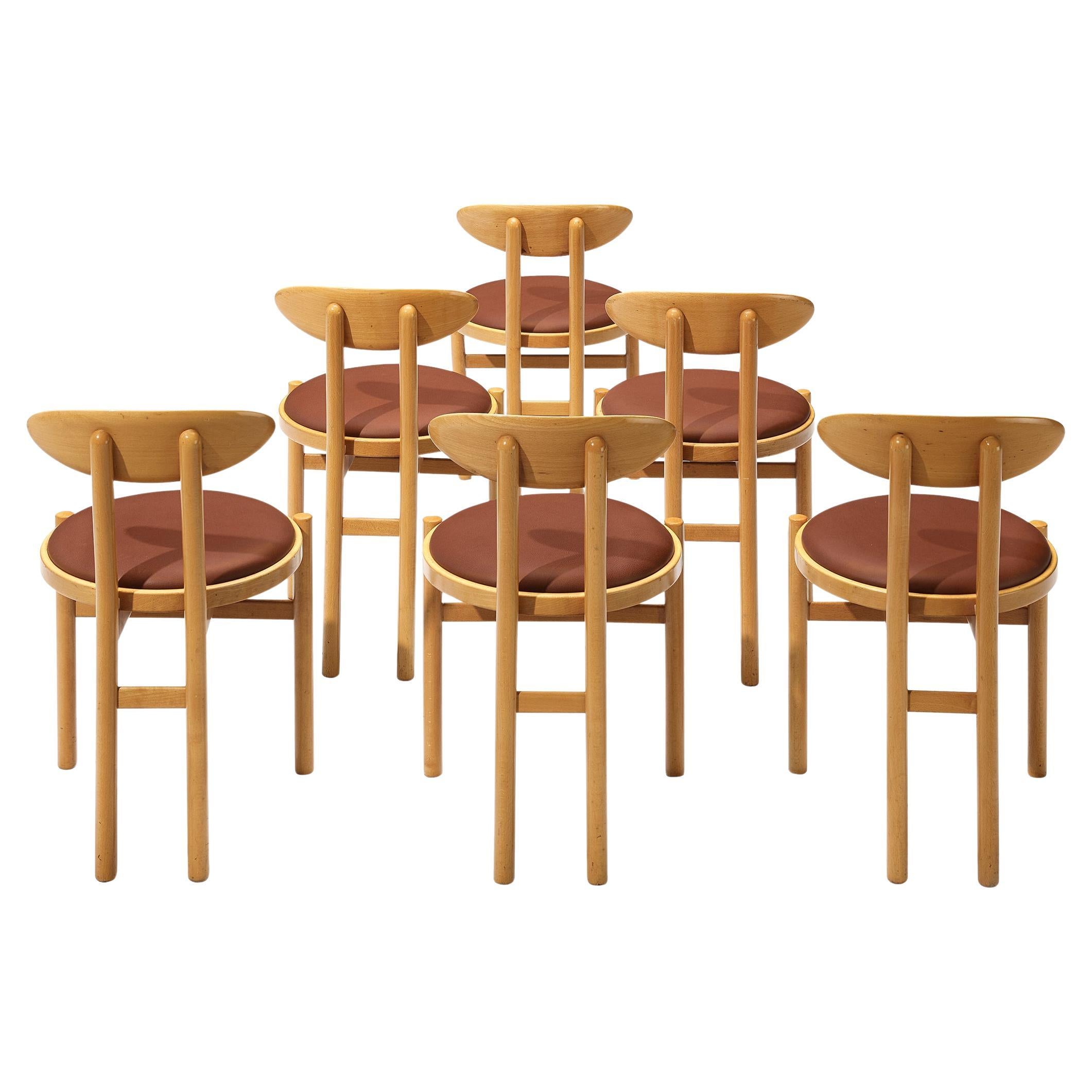 Pozzi Italienisches Set aus sechs Esszimmerstühlen aus gebeiztem Holz und brauner Polsterung