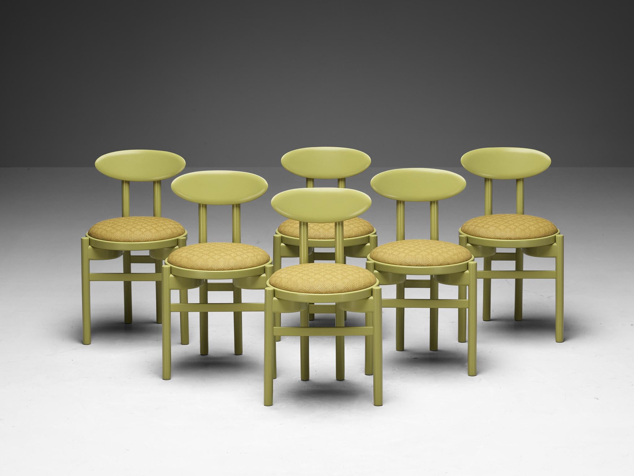 Pozzi, set of six dining chairs, lacquered beech, fabric by Elitis, Italy, 1970s

A characteristic set of chairs lacquered in a linden green color (Pantone) combined with a fine patterned fabric with a golden to yellow colored pattern by Elitis.
