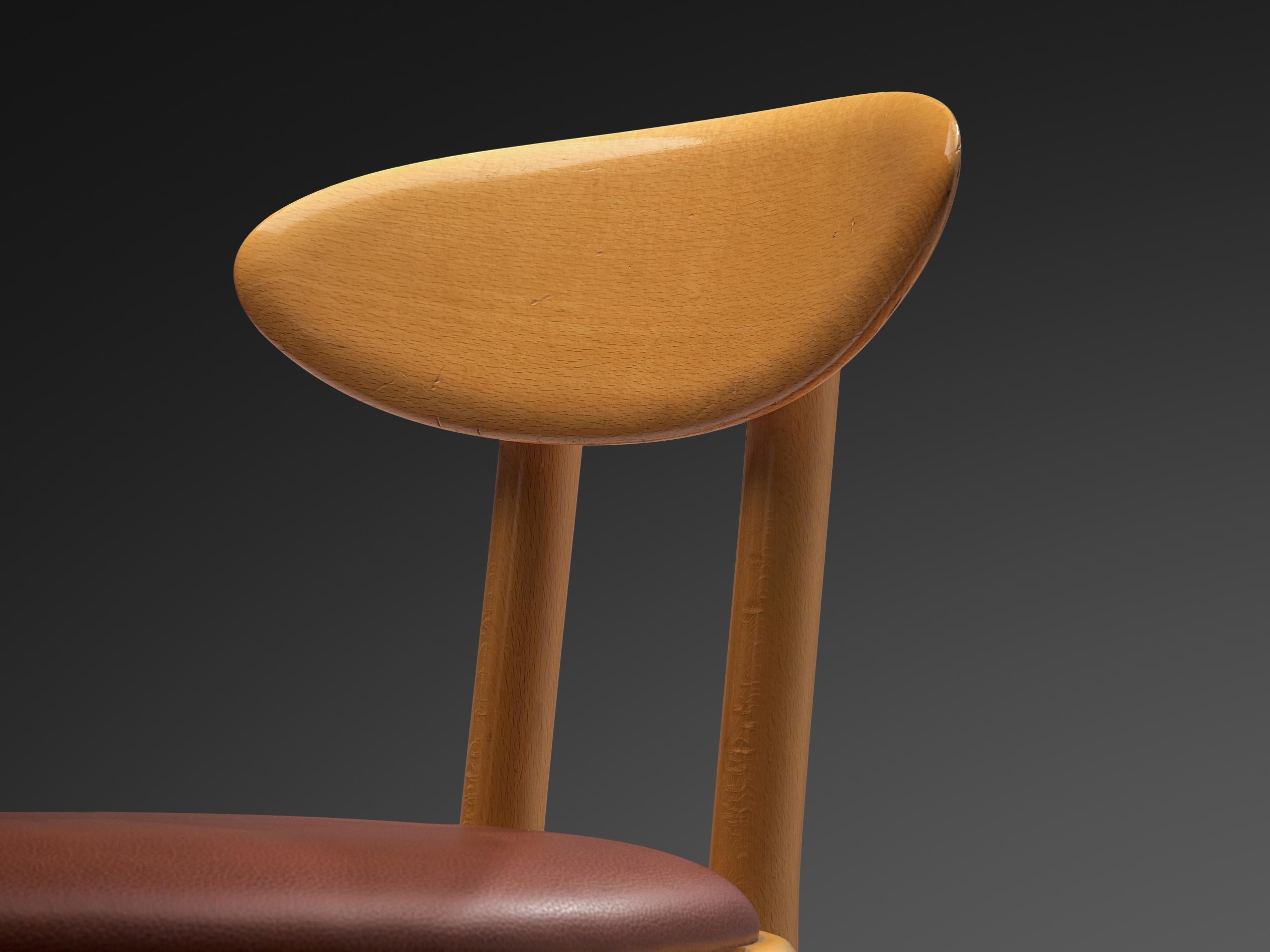 Mid-Century Modern Pozzi Italian Set of Six Dining Chairs in Wood and Brown Upholstery For Sale