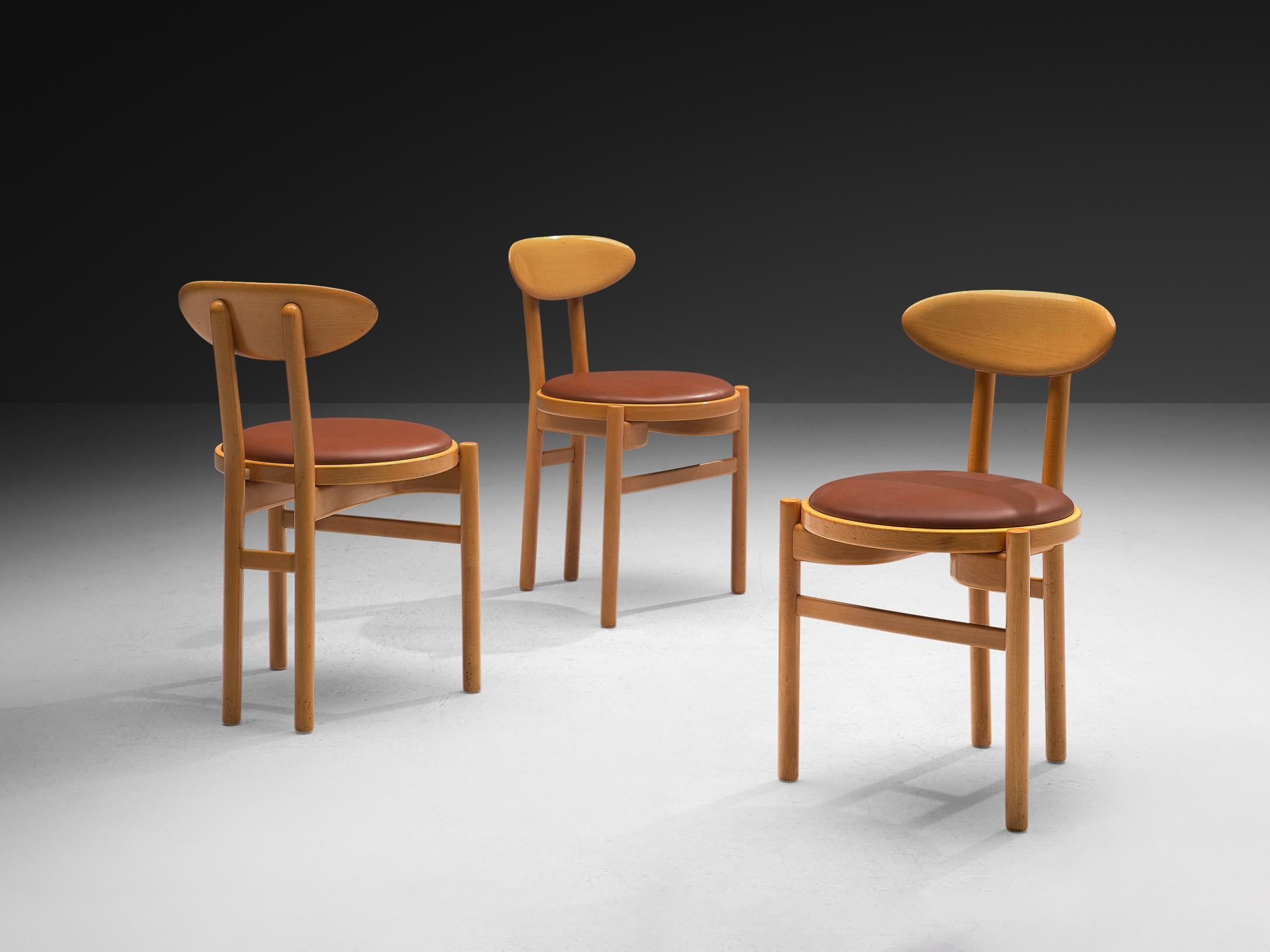 Pozzi Italian Set of Six Dining Chairs in Wood and Brown Upholstery In Good Condition For Sale In Waalwijk, NL