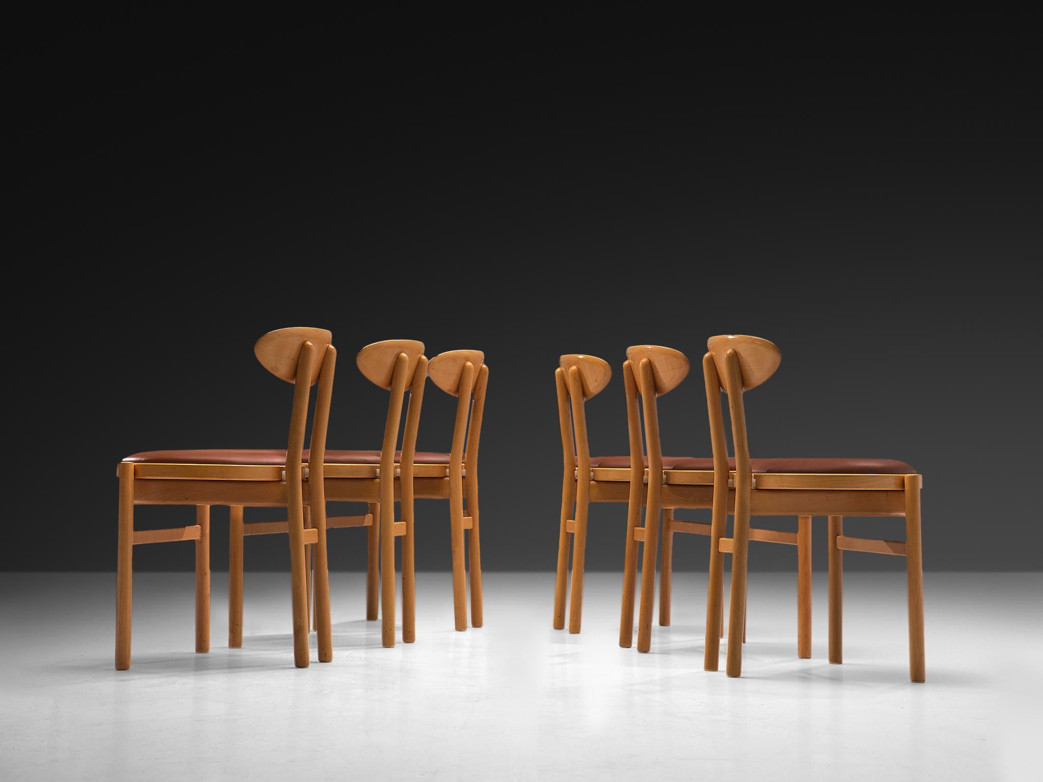 Late 20th Century Pozzi Italian Set of Six Dining Chairs in Wood and Brown Upholstery For Sale