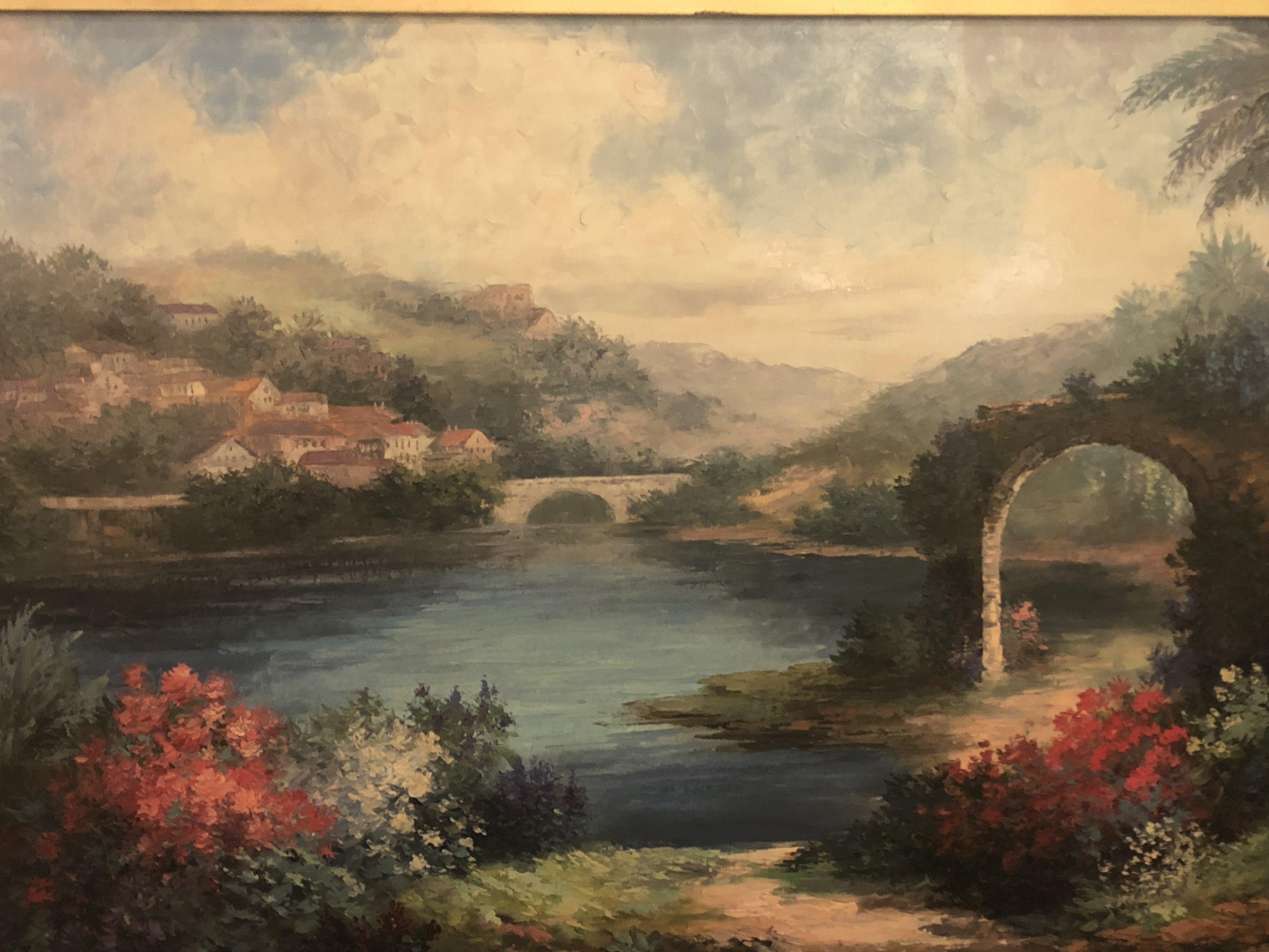 Peinture à l'huile sur toile Americana Landscape signée P. Paul, encadrée - Marron Landscape Painting par P.Paul