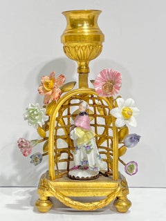 Pr 18/19th Century French Louis XVI Style Gilt Brass and Porcelain Candlesticks