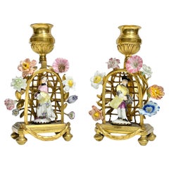 Pr 18/19th Century French Louis XVI Style Gilt Brass and Porcelain Candlesticks