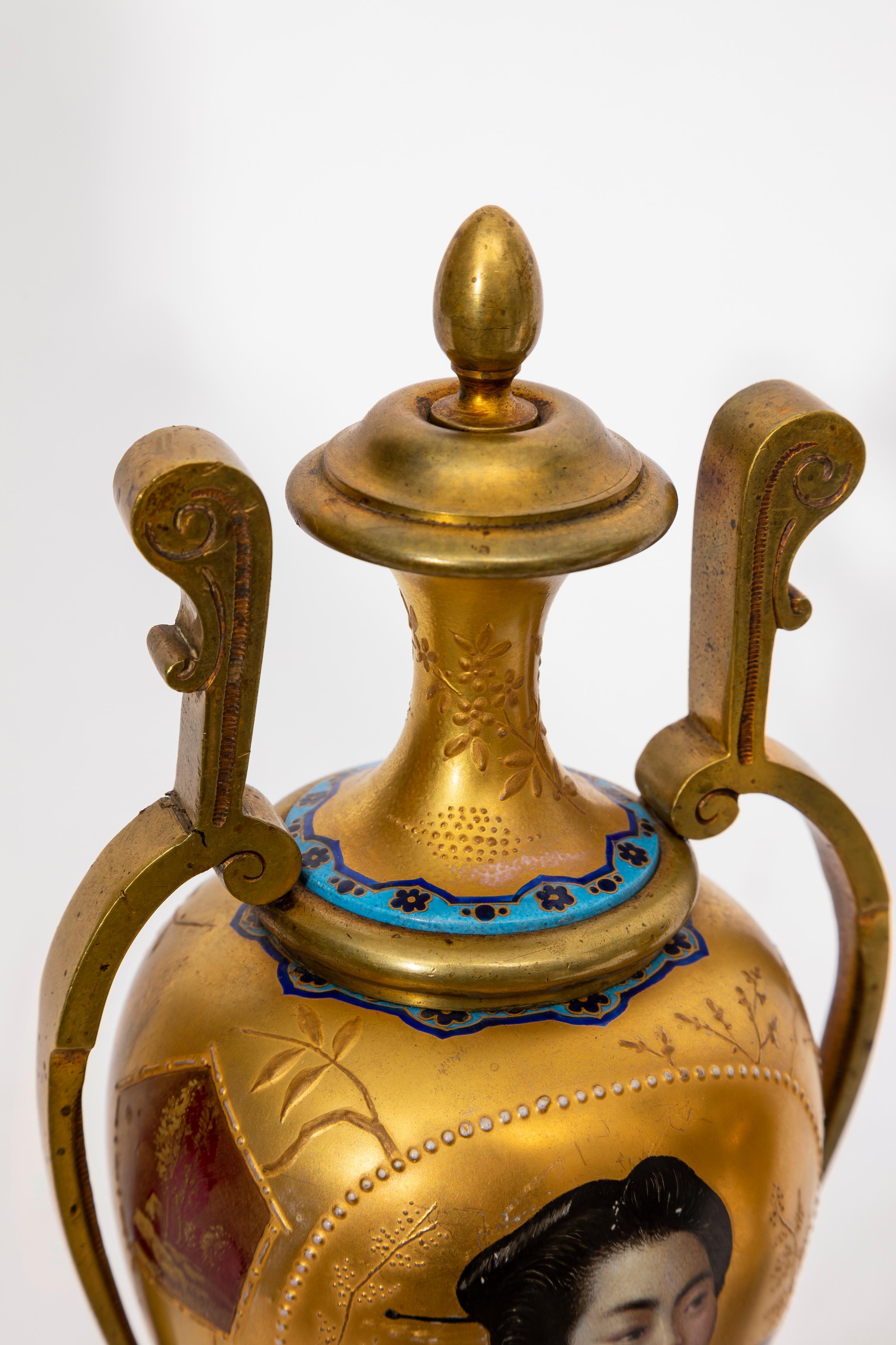 Pr. 19 C. French Japonisme Gilt Bronze & Marble Mounted Porcelain Vases, Malpass in vendita 2