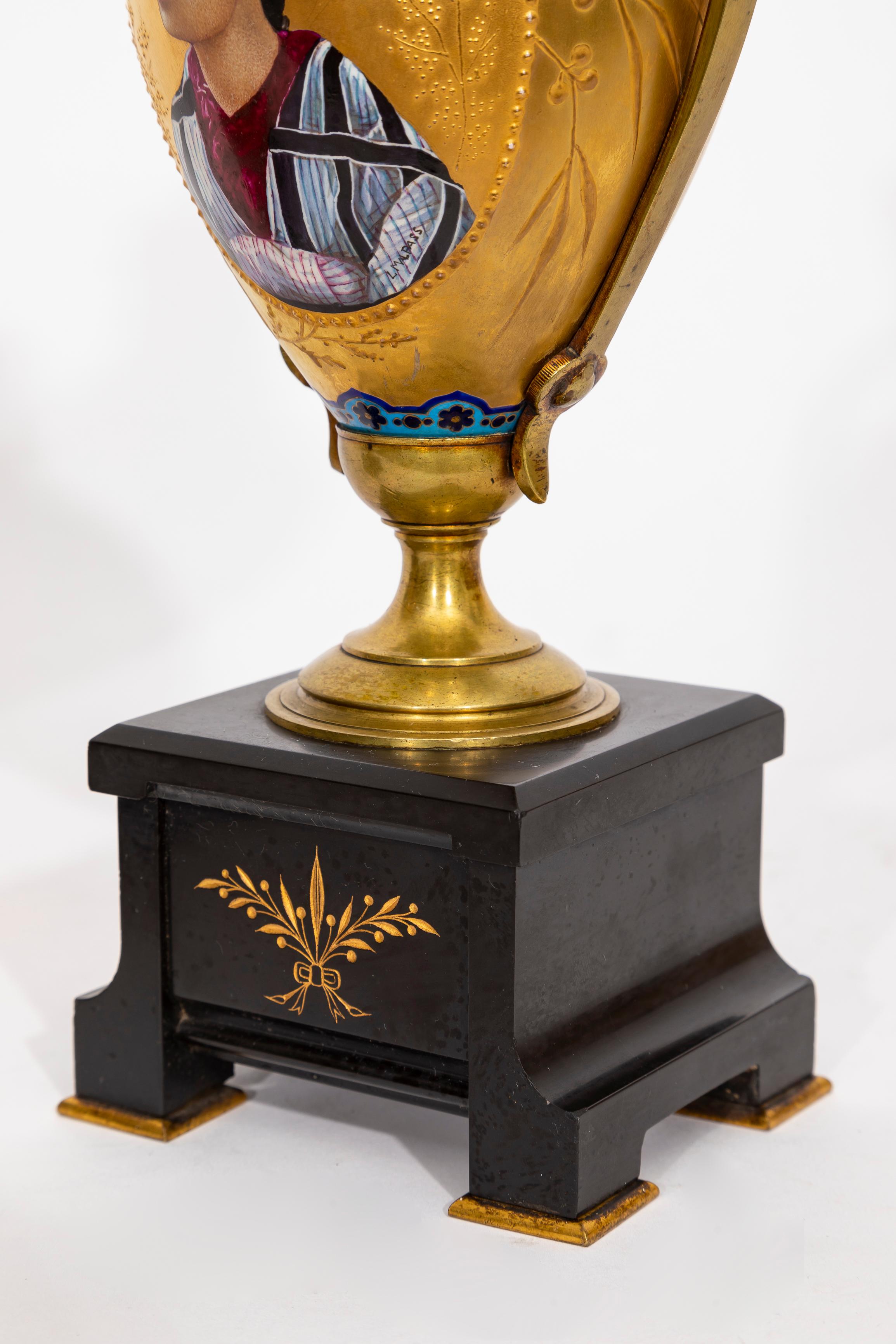 Pr. 19 C. French Japonisme Gilt Bronze & Marble Mounted Porcelain Vases, Malpass in vendita 3