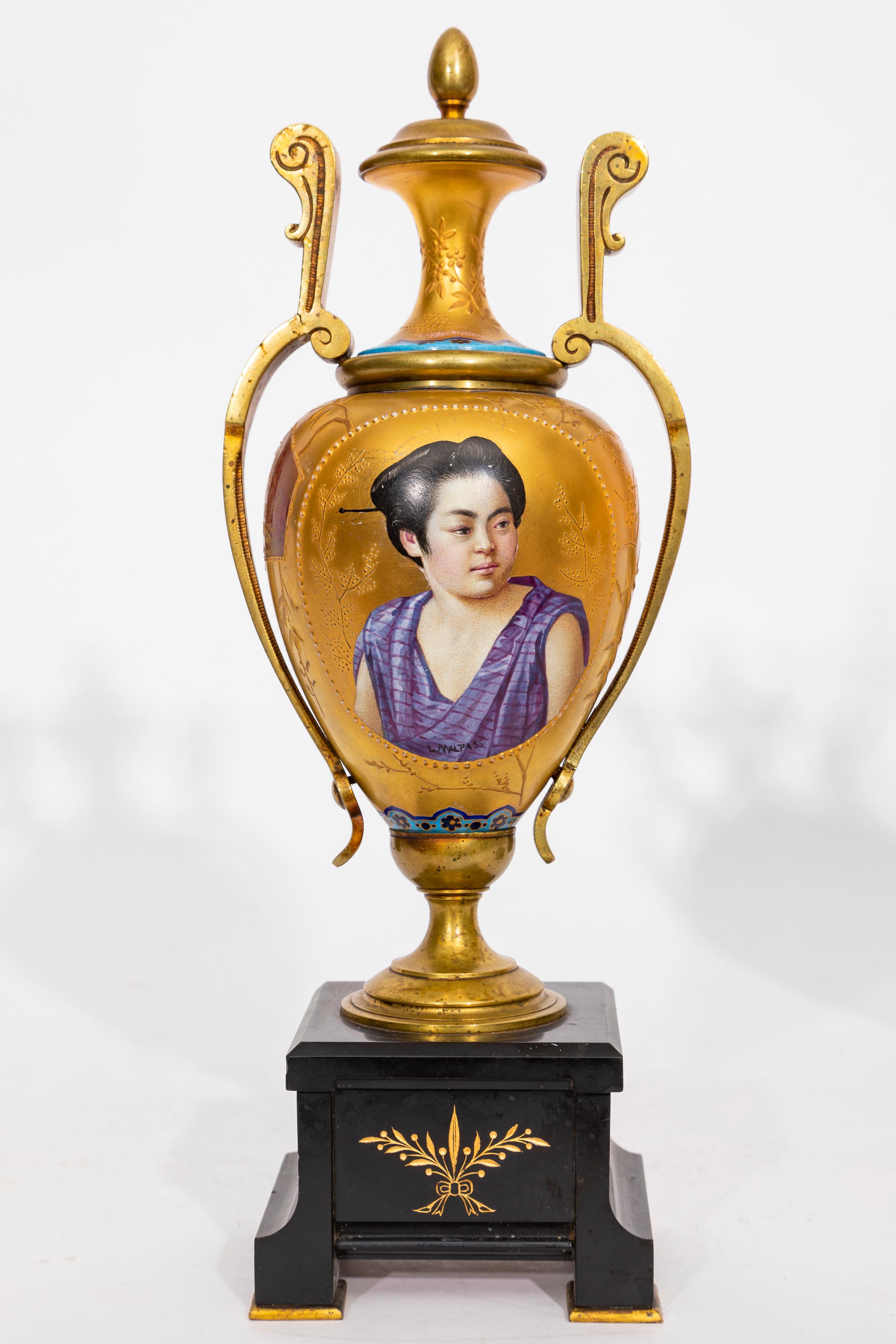 Francese Pr. 19 C. French Japonisme Gilt Bronze & Marble Mounted Porcelain Vases, Malpass in vendita