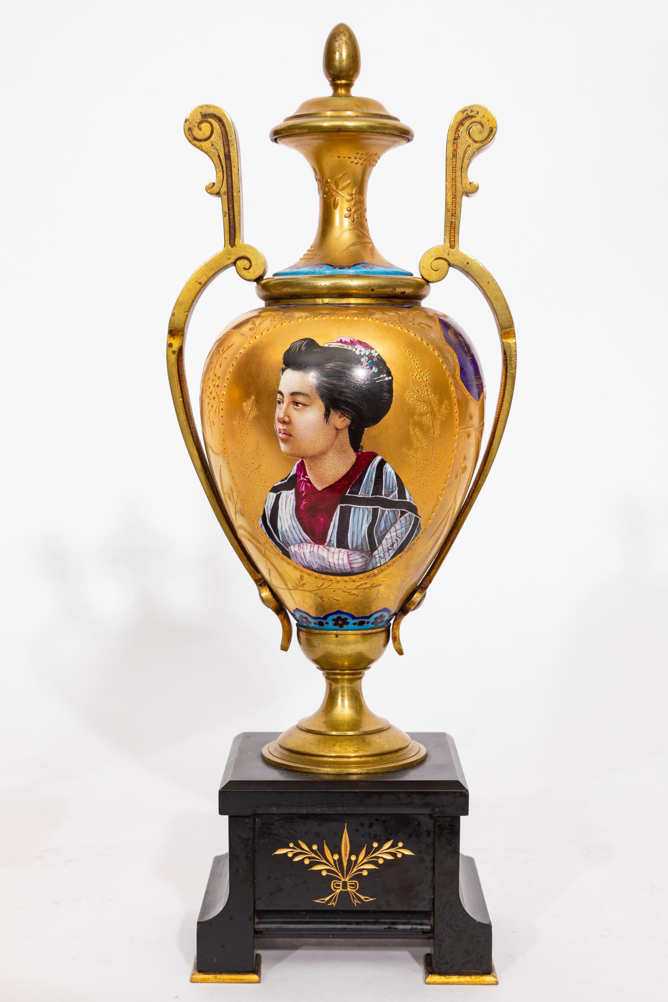 Dorato Pr. 19 C. French Japonisme Gilt Bronze & Marble Mounted Porcelain Vases, Malpass in vendita