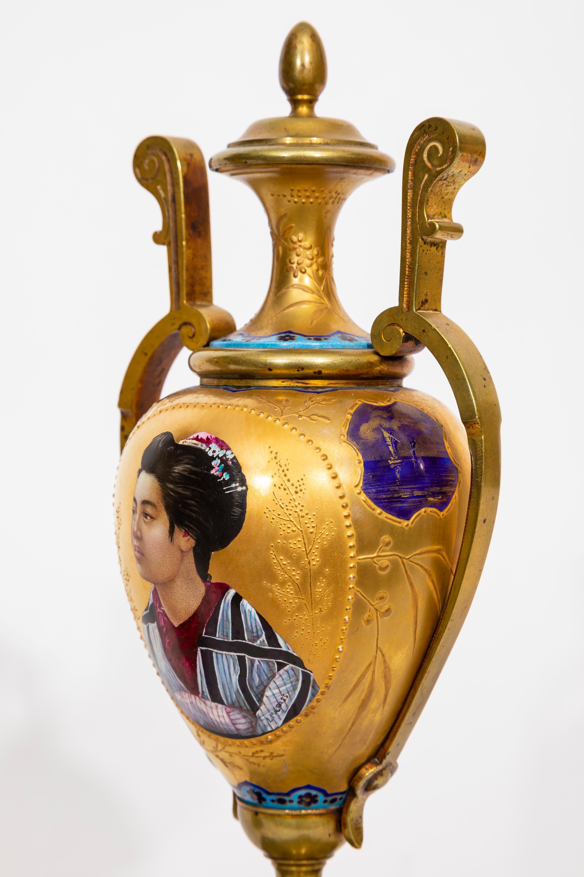 Pr. 19 C. French Japonisme Gilt Bronze & Marble Mounted Porcelain Vases, Malpass In condizioni buone in vendita a New York, NY