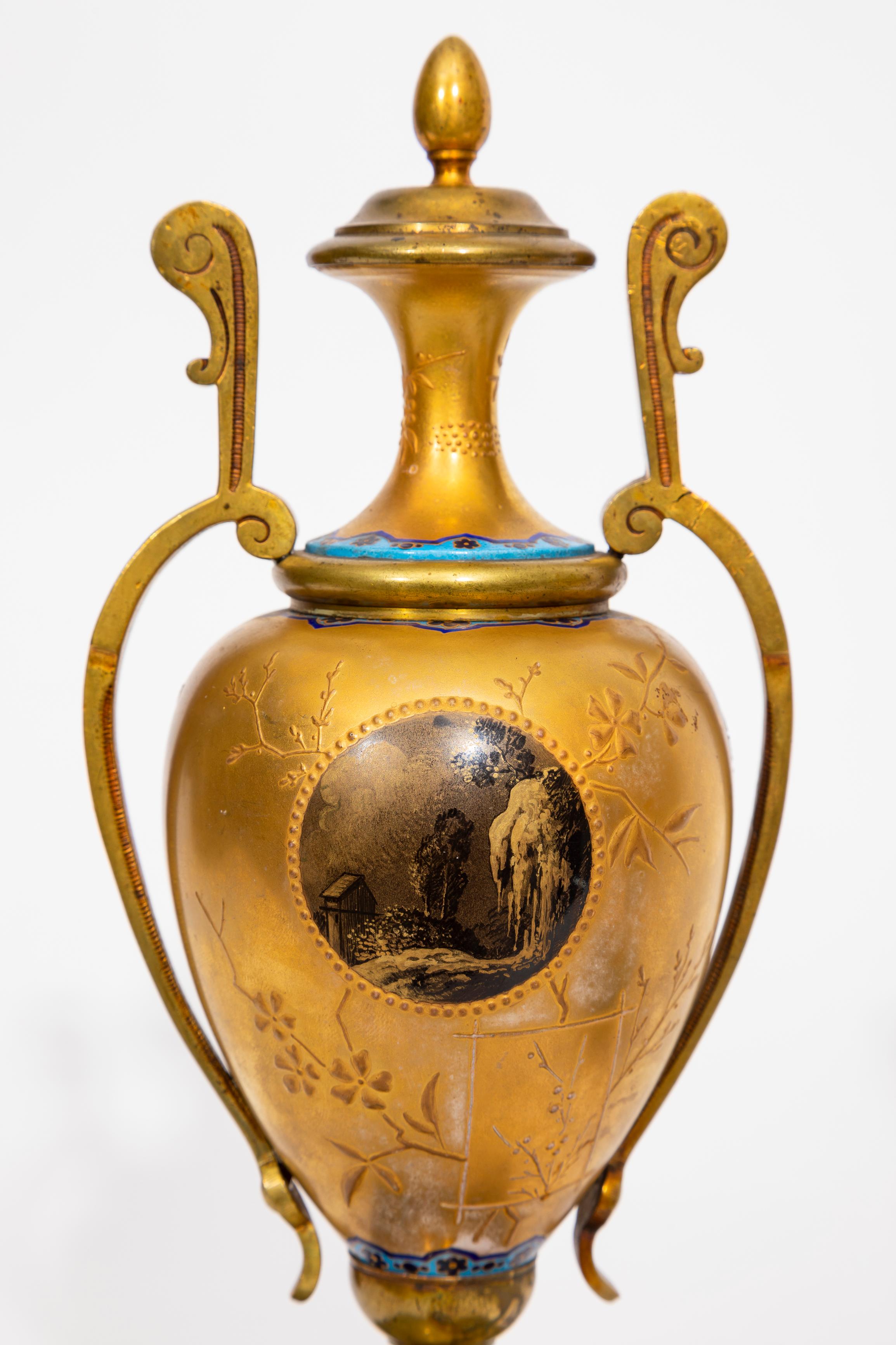 Bronzo Pr. 19 C. French Japonisme Gilt Bronze & Marble Mounted Porcelain Vases, Malpass in vendita