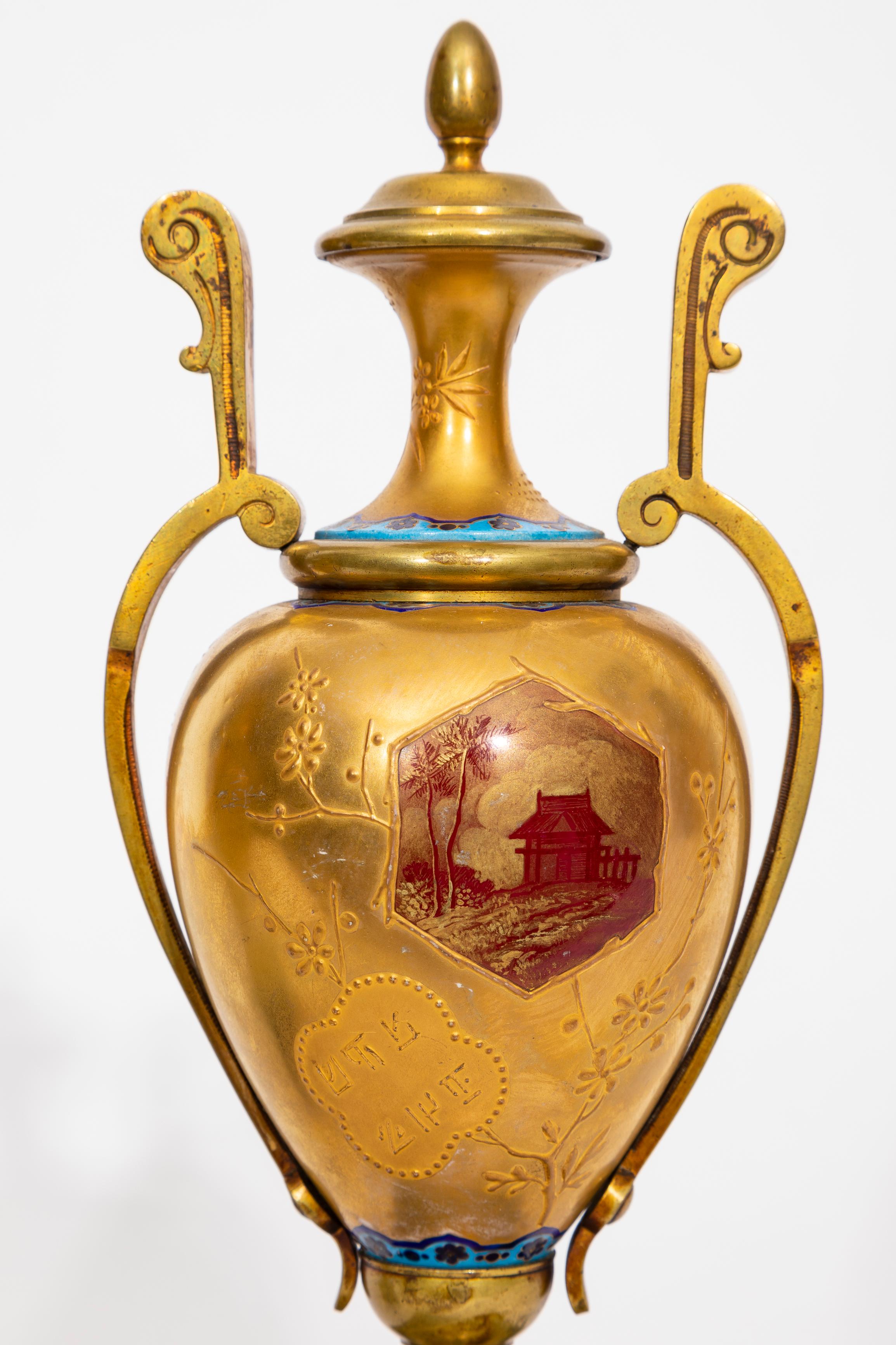 Pr. 19 C. French Japonisme Gilt Bronze & Marble Mounted Porcelain Vases, Malpass in vendita 1