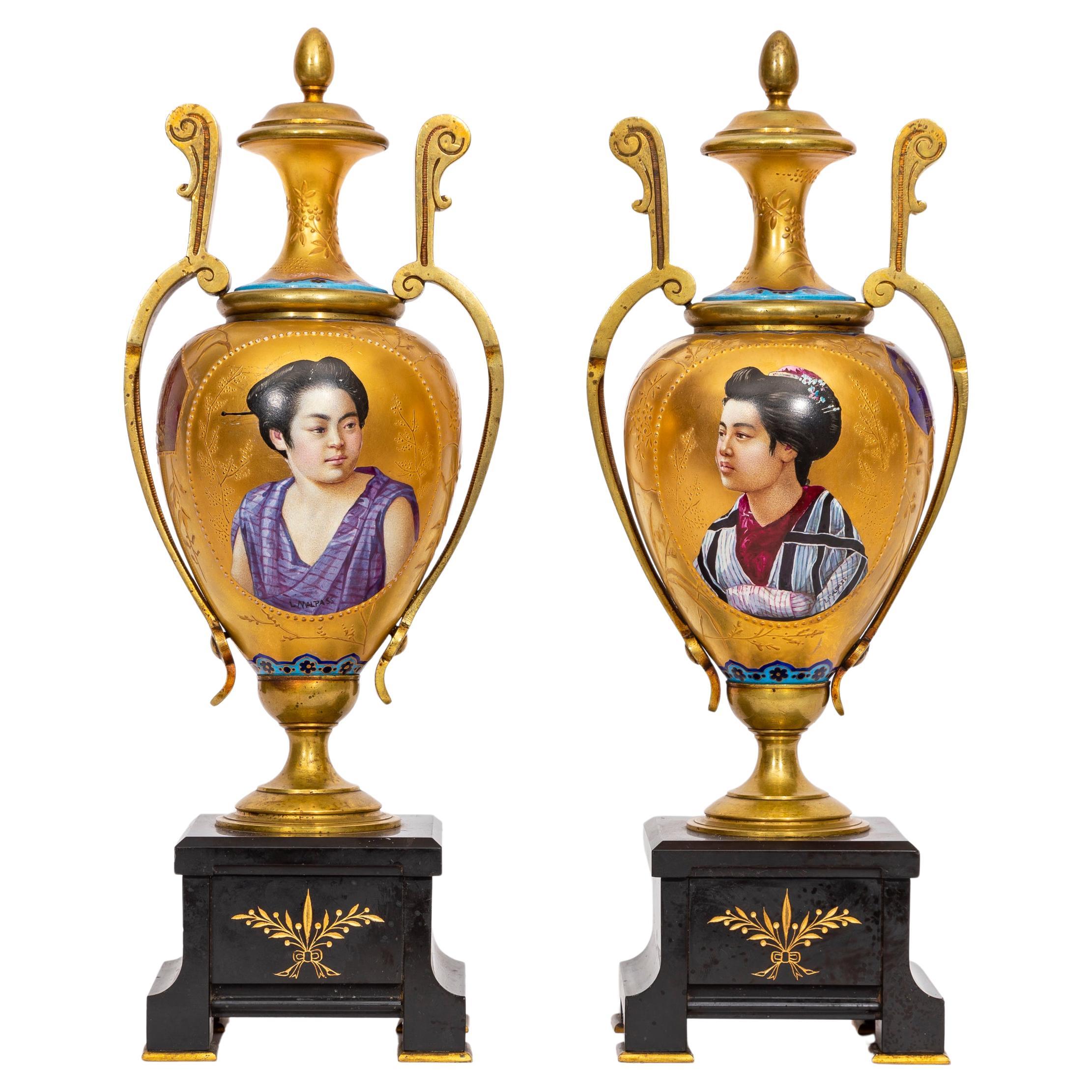 Pr. 19 C. French Japonisme Gilt Bronze & Marble Mounted Porcelain Vases, Malpass