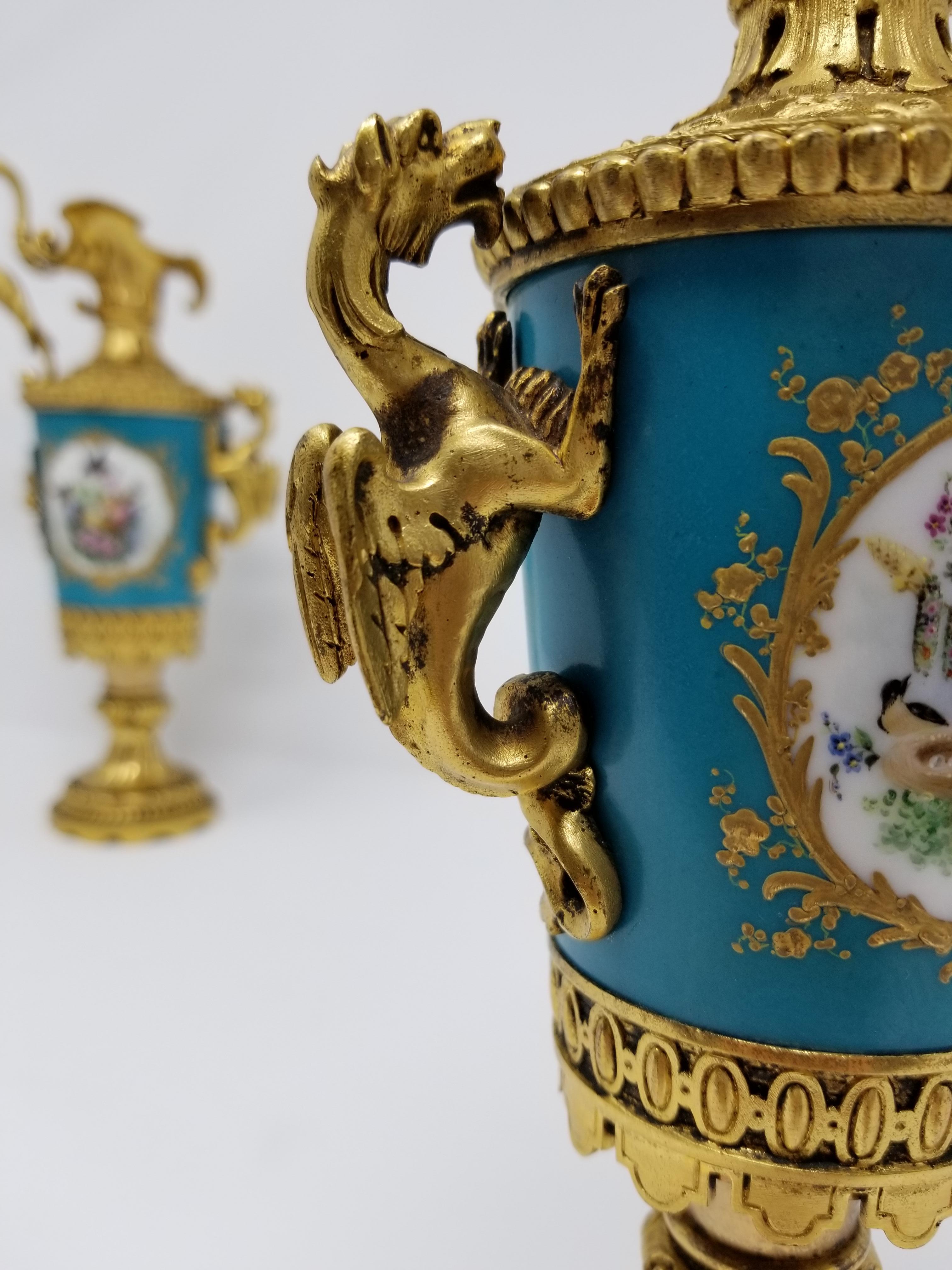 Pair of French Sèvres Porcelain Ormolu Mounted Ewers with Birds/Flowers/Dragons For Sale 4