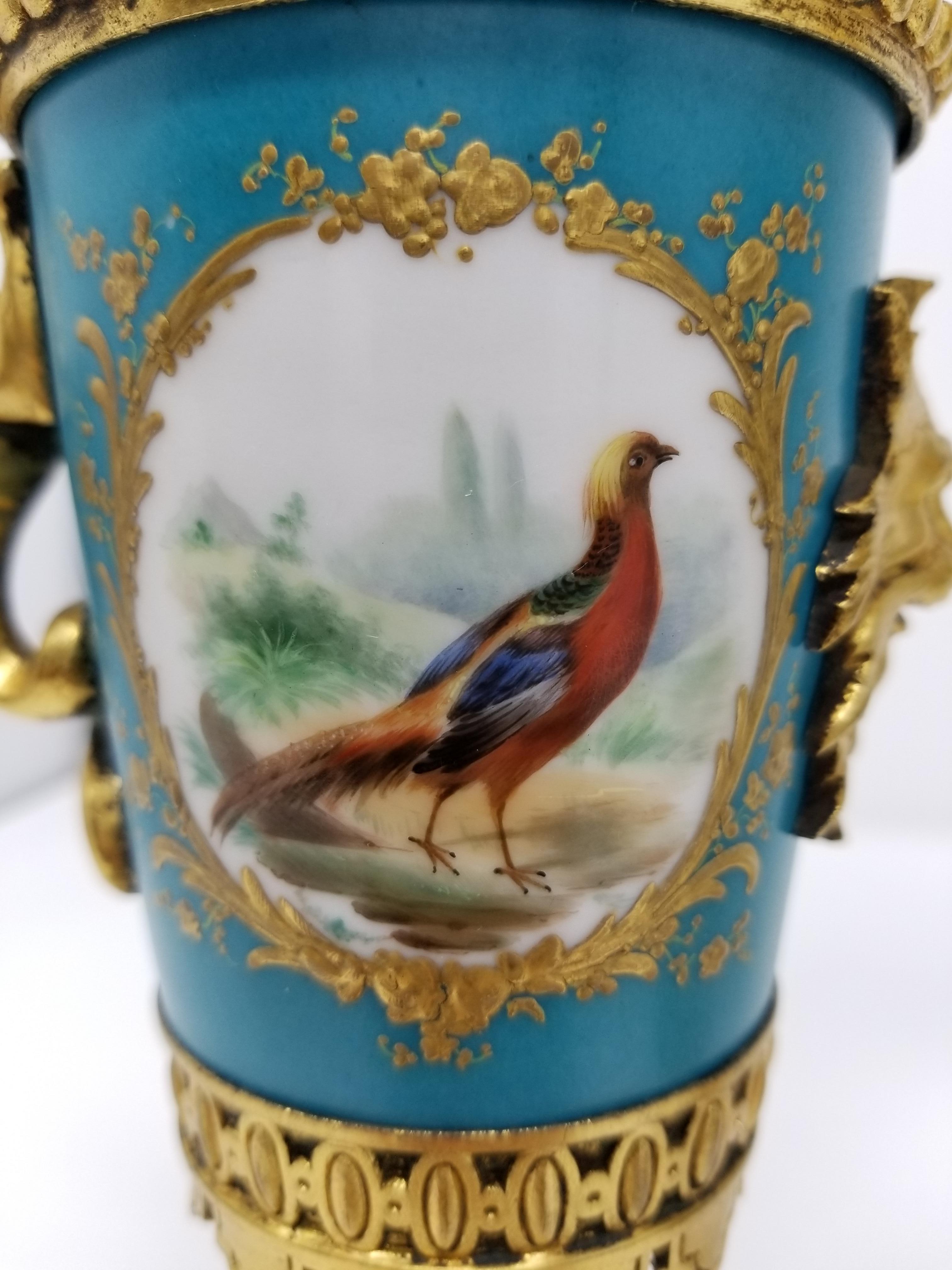 Paar französische Svres-Porzellan-Goldbronze-Würfel mit Vögeln/Flaschen/Dragonen (19. Jahrhundert) im Angebot
