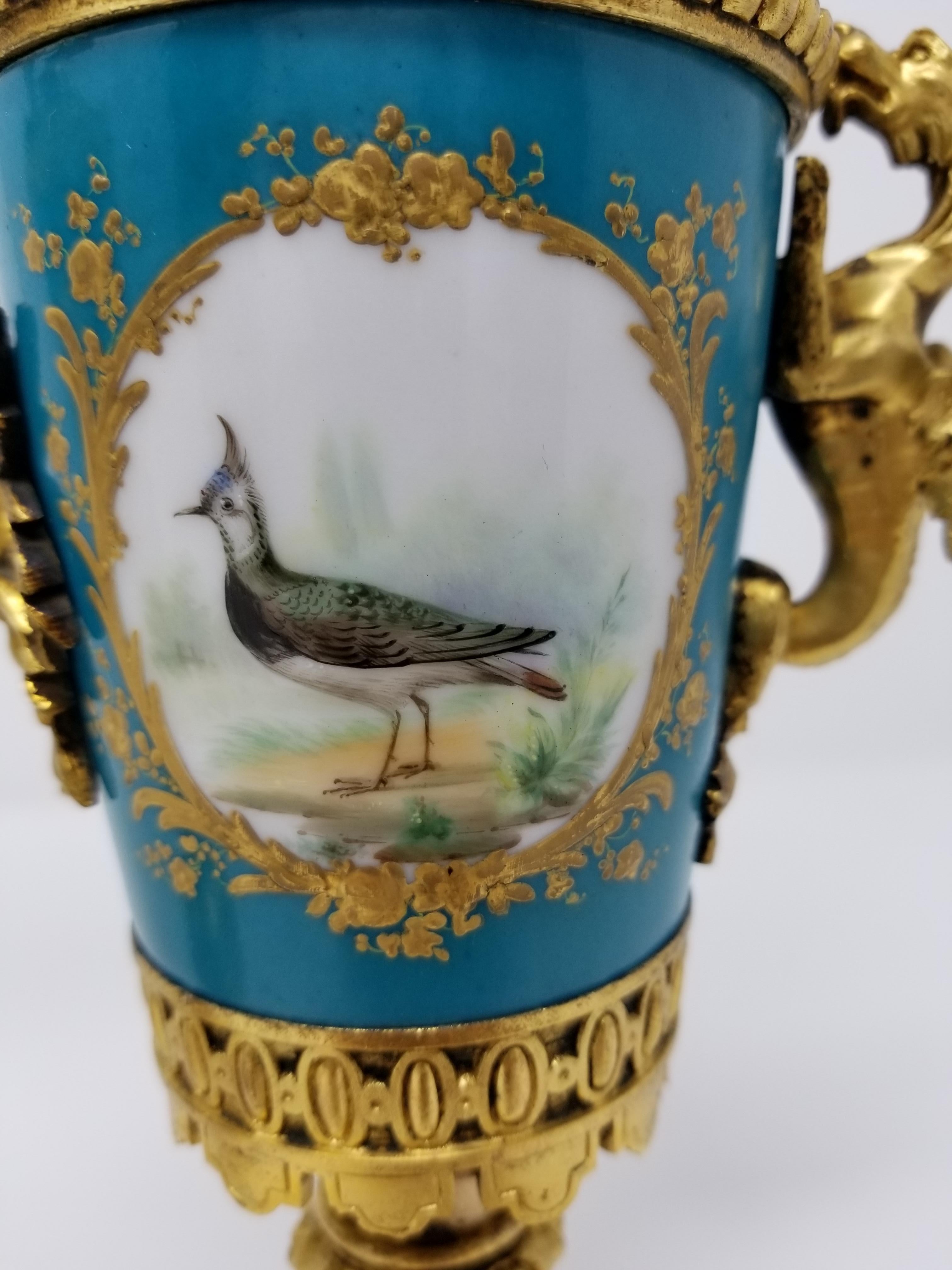 Porcelaine Paire d'aiguières françaises Svres en porcelaine et bronze doré avec oiseaux/bouchers/grenouilles en vente