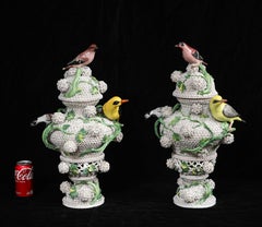 Pr. 19 C. Meissen Porcelain Birdcage Schneeballen Snowball Vase w/ Meissen Birds